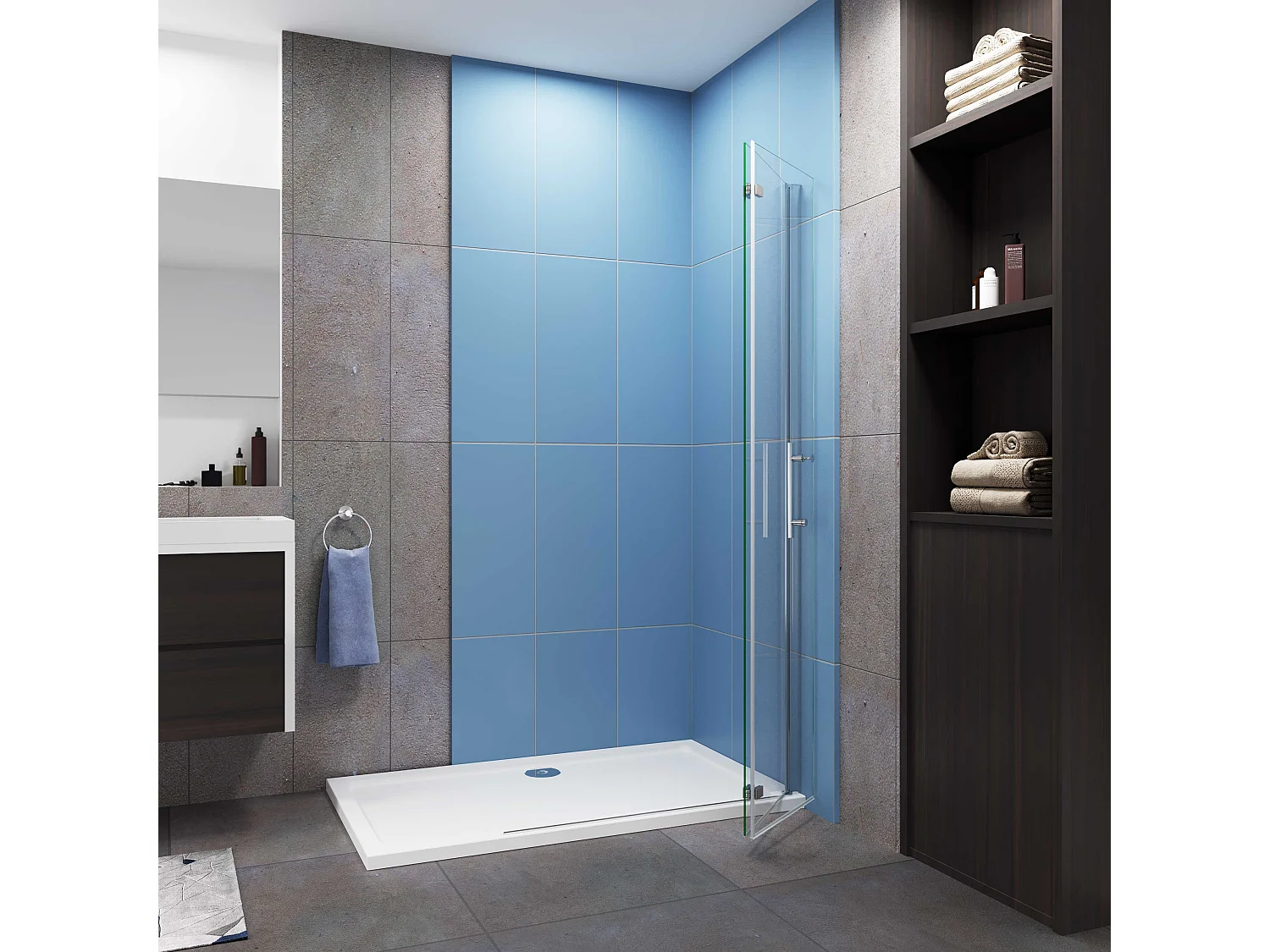AICA Paroi de douche à l'italienne chrome L95 x H195cm style atelier —pivotante et pliante—6mm verre anticalcaire, Installation réversible