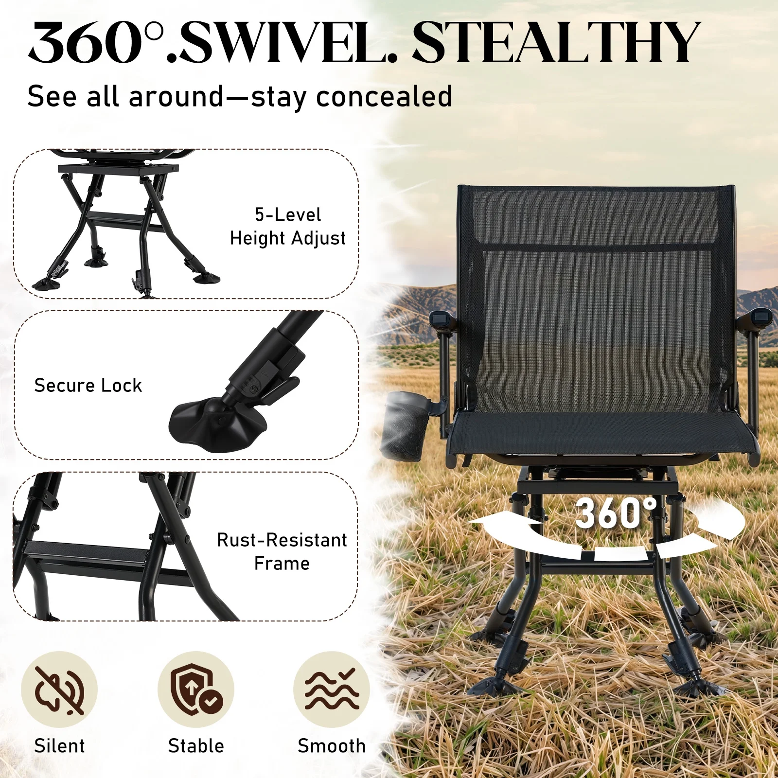 Danrelax 360�� Silent Camo Hunting Blind Chair, Armrests, Side Pouch, Telescopic Legs - Image 35