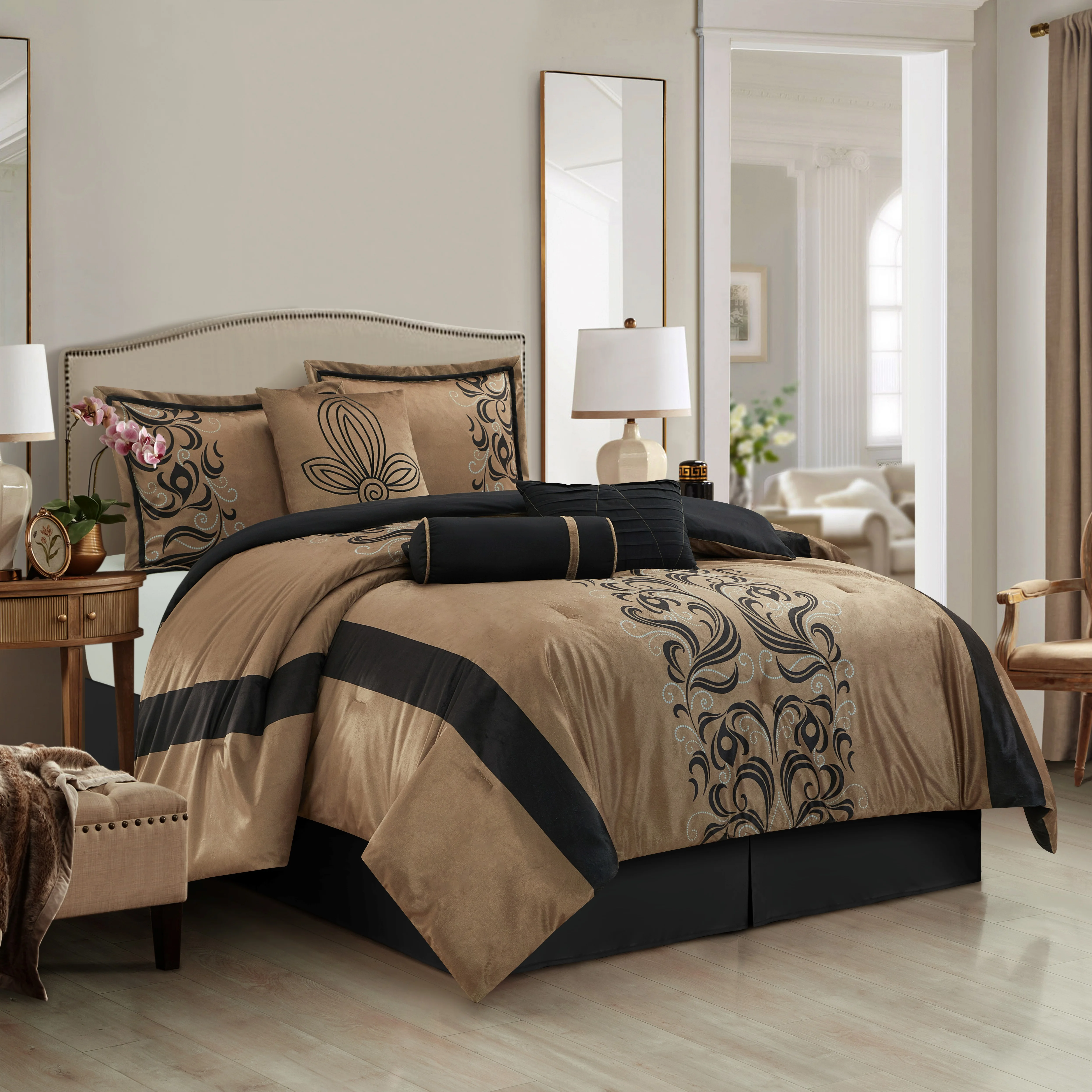 Lanco Smoke Grey Comforter Set California King Size, 9 Piece Jacquard Floral Bedding Set, All Season, Ultra-Soft, Matching Pillows & Shams, Bed Skirt - Image 42