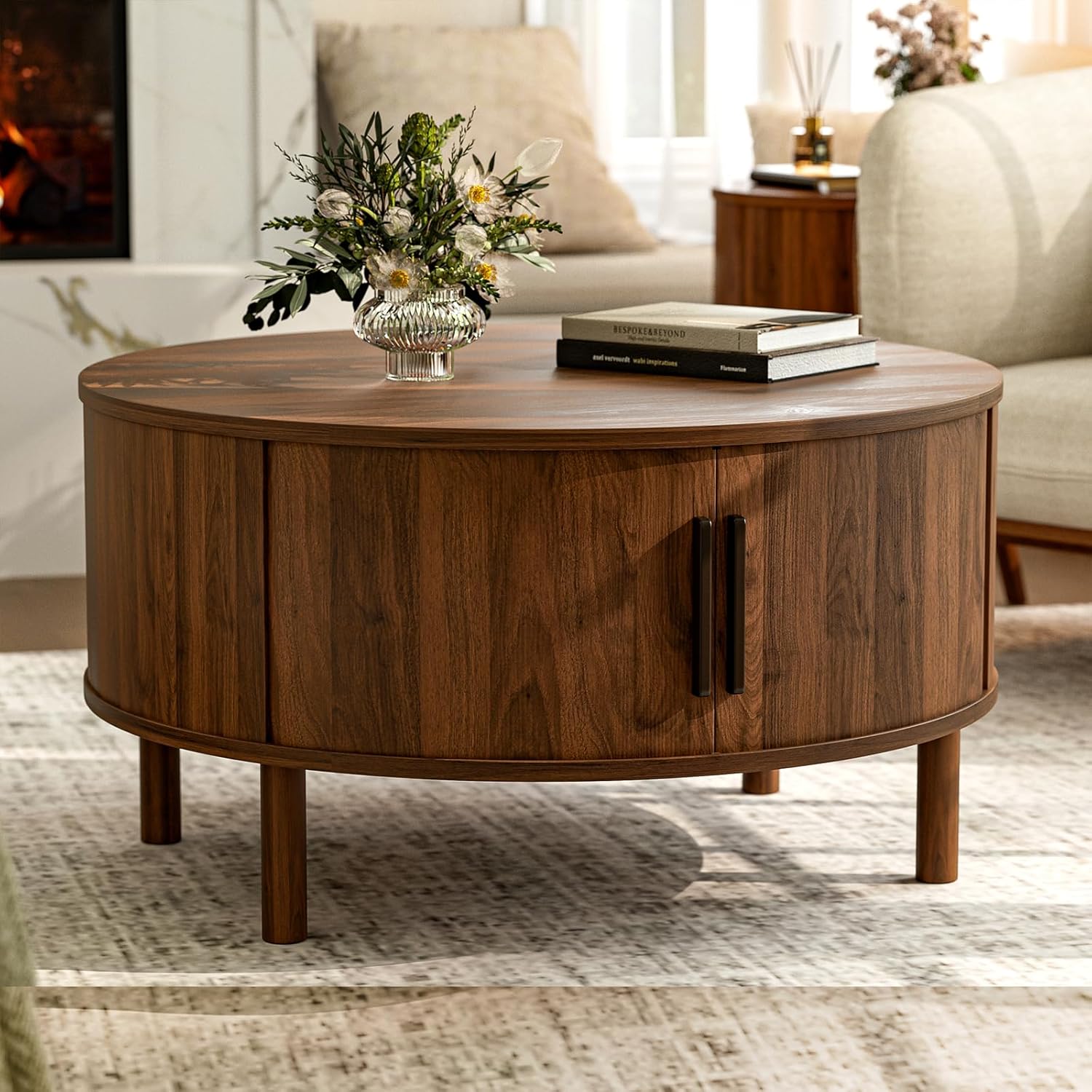 ZttRiee Coffee Table for Living Room, Modern Round Coffee Table with Cabinets & Sliding Doors, Home Small Space, 29.9