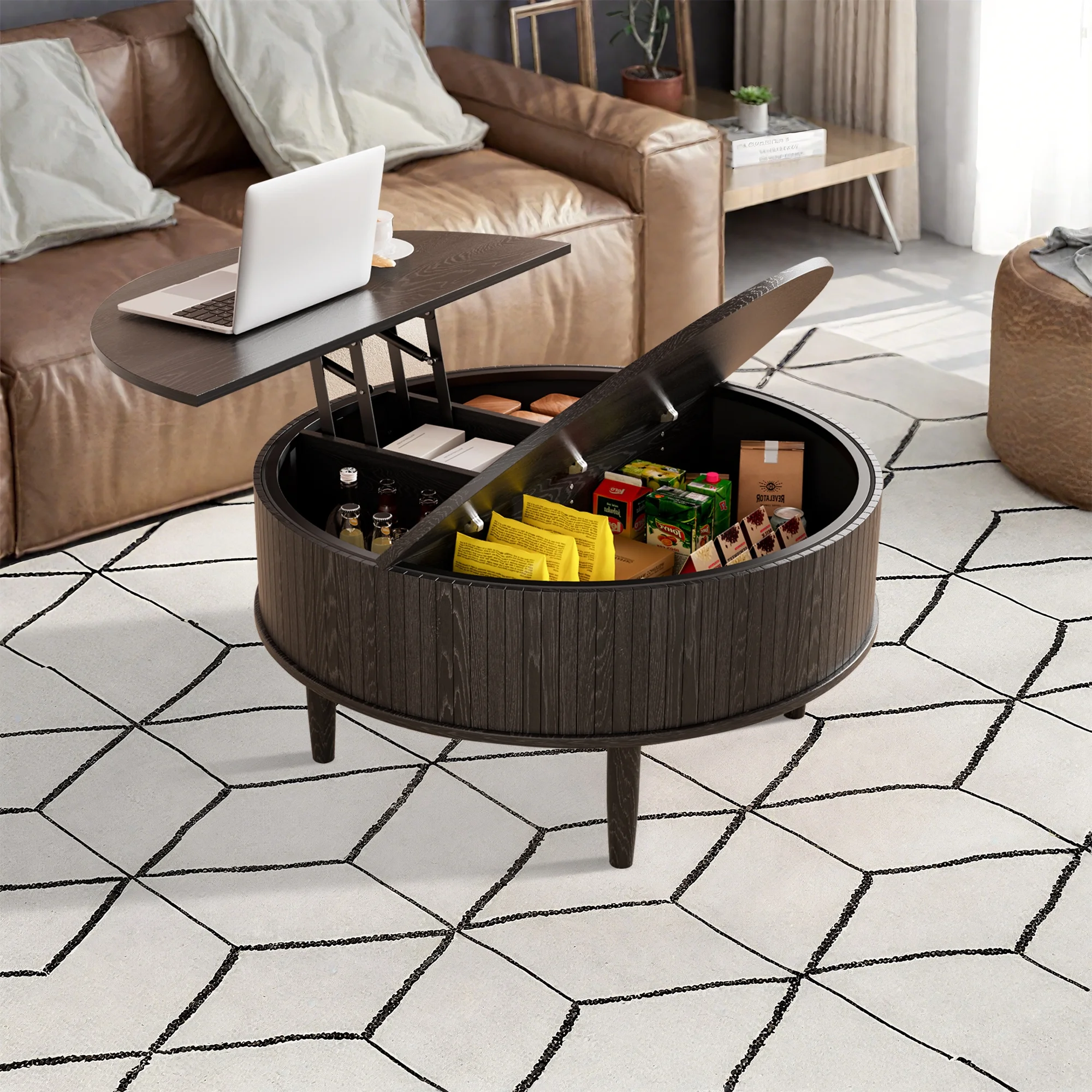 Oubayajia Round Coffee Table, Small Fluted Lift Top Center Table for Home Living Room Office, Walnut - Image 11