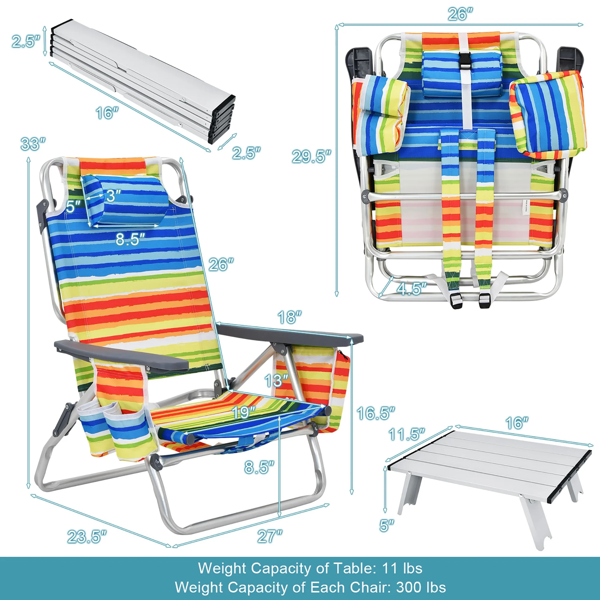 Costway 2-Pack Folding Backpack Beach Chair Table Set 5-Position Outdoor Reclining Chair Pink - Image 55