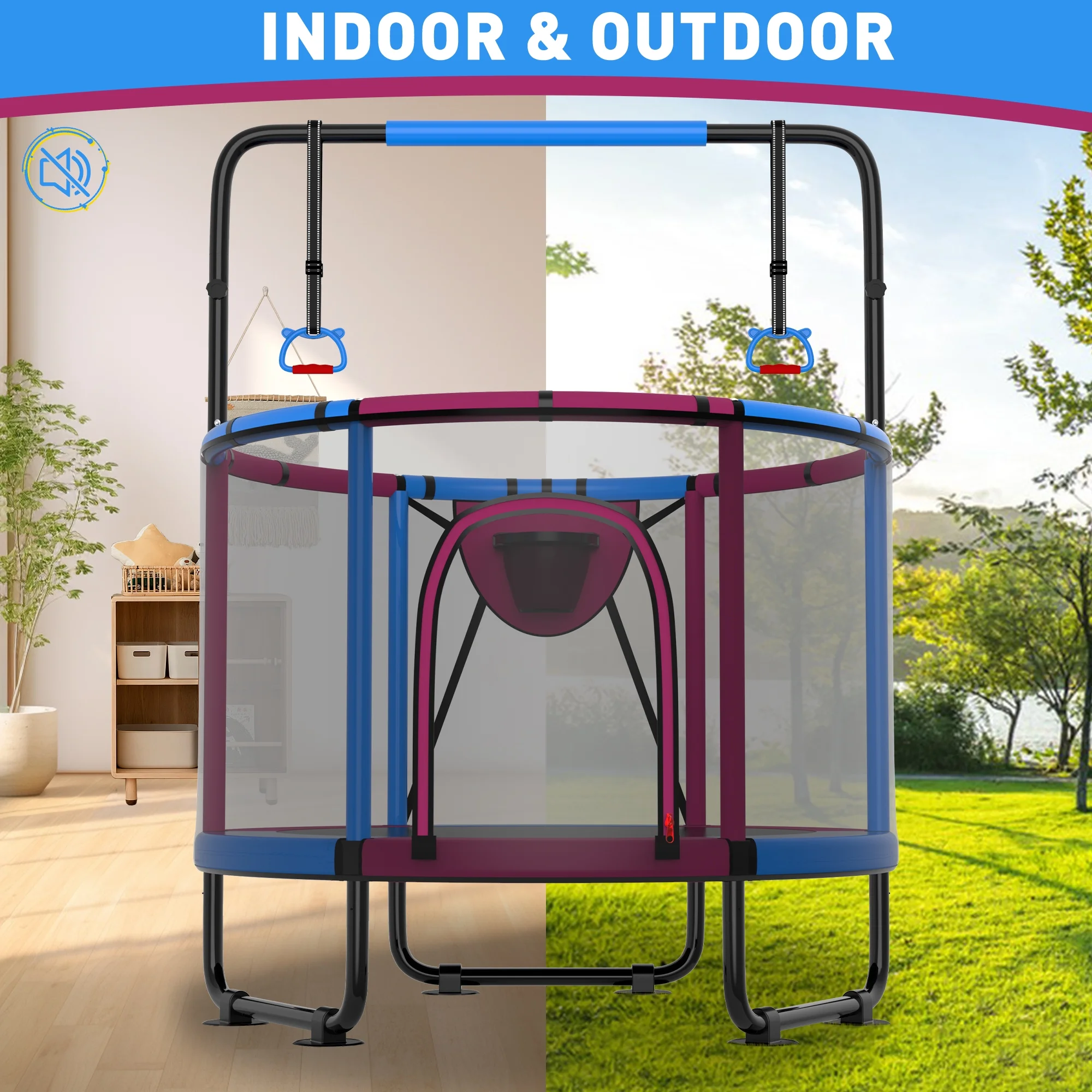 CITYLE Trampoline for Kids 600LBS 60'' 5FT Toddler Trampoline Indoor Outdoor with Basketball Hoop, Swing, Adjustable Bar, Mini Small Trampoline with Enclosure, Gifts for Toddlers, Boys & Girls - Image 49