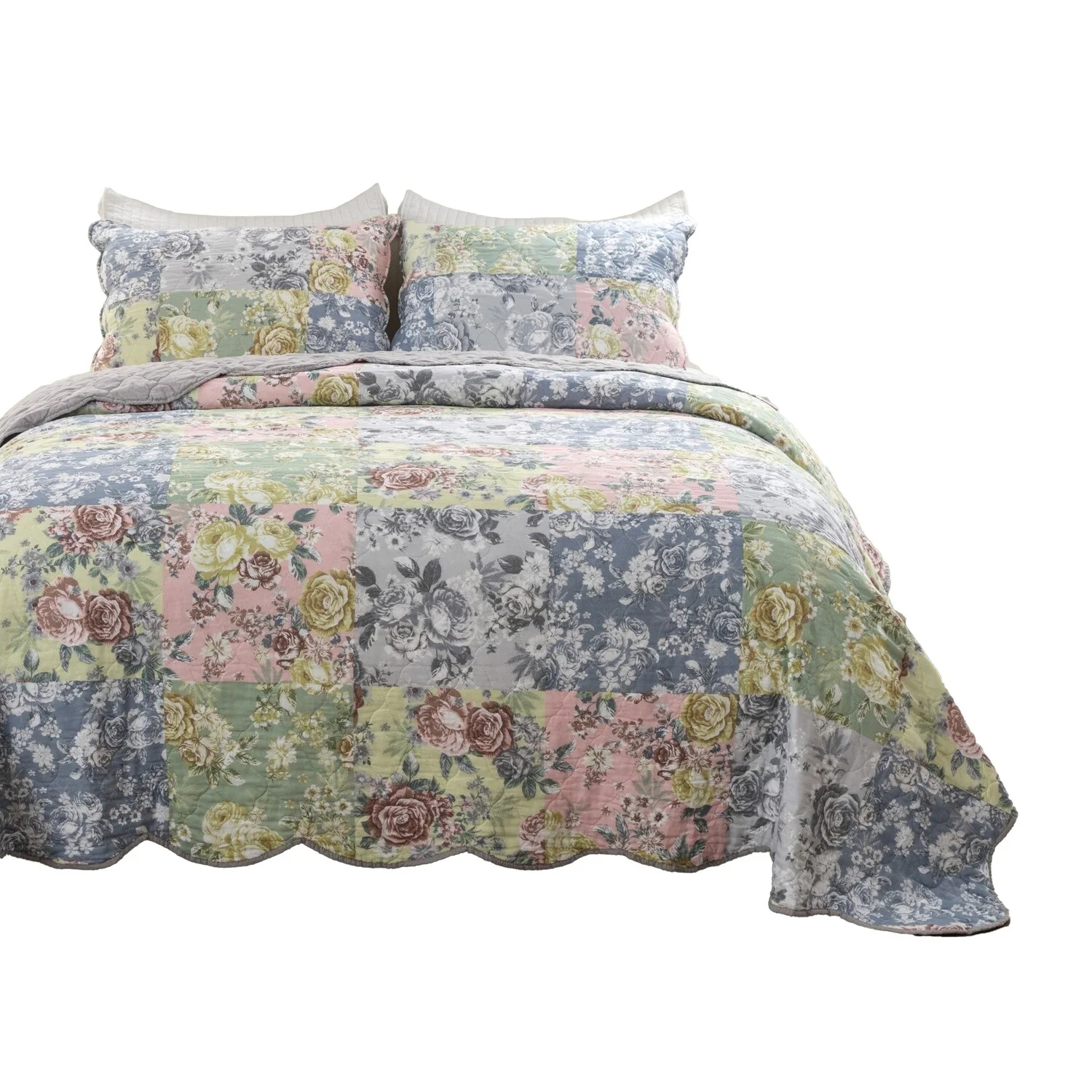 Benjara Eni 3 Piece Queen Cotton Quilt Set, Vibrant Pastel Blue Flowers, Scalloped