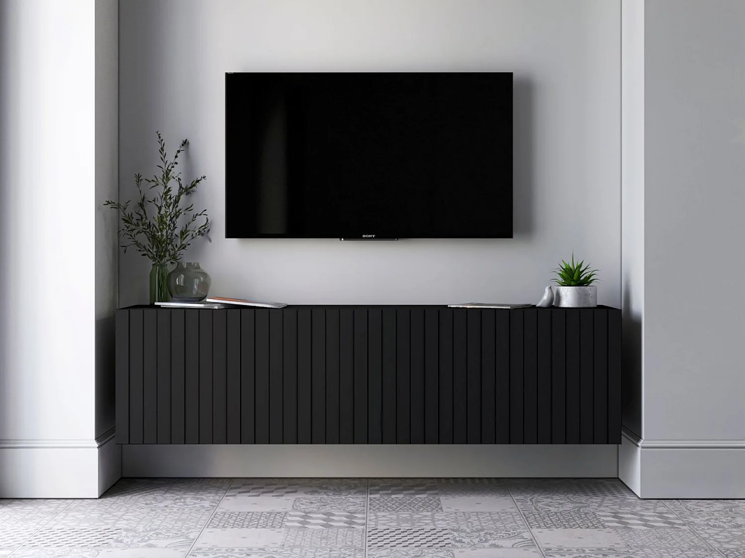 Meuble TV avec 4 portes - Corps noir mat, façades rainurées noir mat - 150 cm