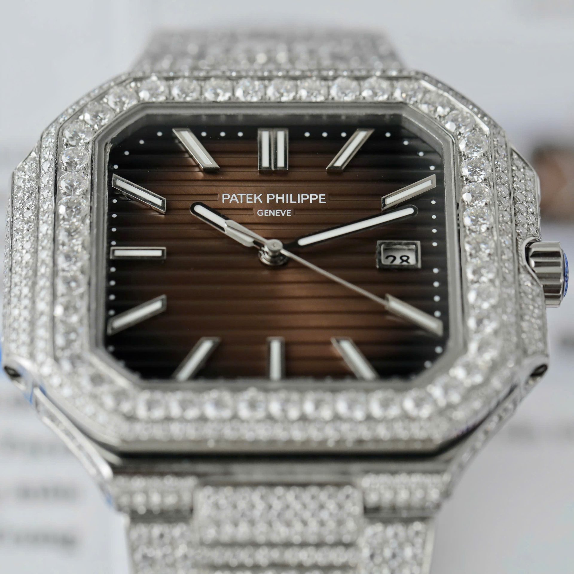 Patek Philippe Cubitus 5821 Dial Brown Replica Watch Full Diamonds Moissanite Hong Kong 45mm - Top club