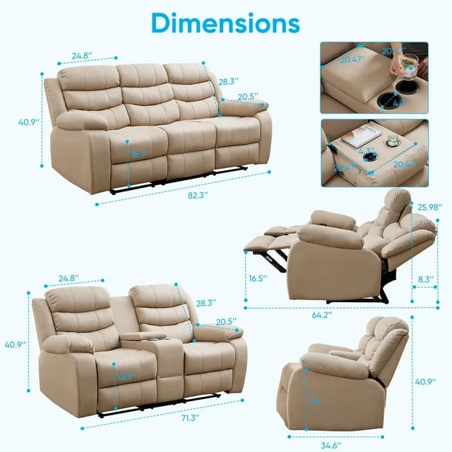 MUZZ Modern Reclining Sofa ,3-Seater Recliner Sofa with Cup Holders, Flip-Up Storage, Reversible Backrest and Footrest, Gray - Image 10