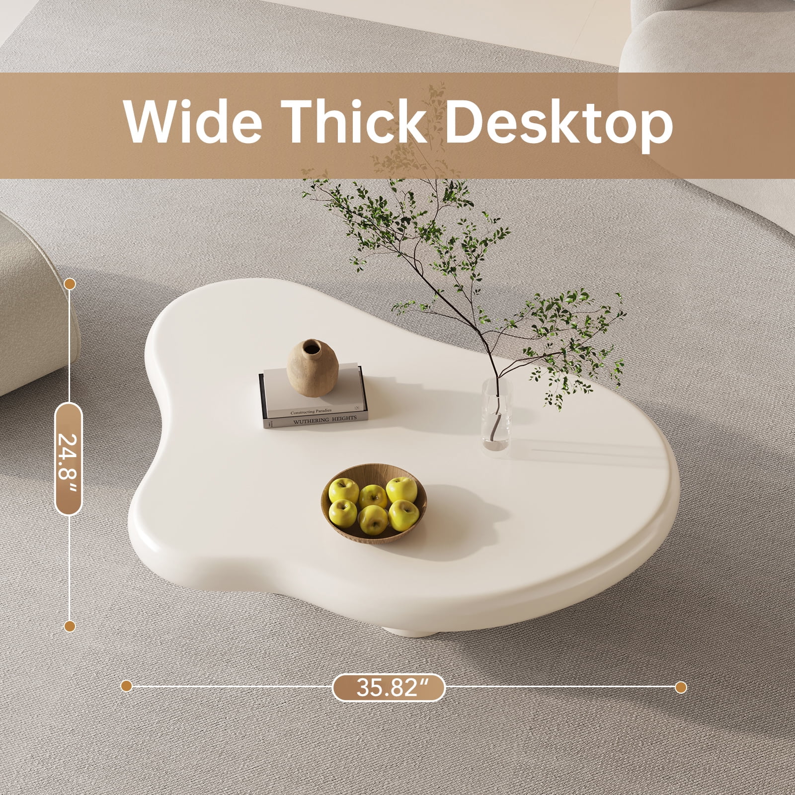 Guyii Cream White Coffee Table with 4 Legs, Irregular Side Table, Modern Wood Tea Table for Living Room, Apartment, Office - Image 7