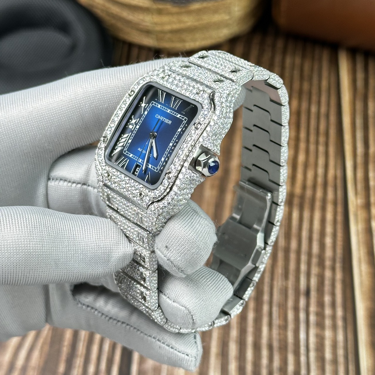 Cartier Replica Watch Santos Full Diamond Moissanite Blue Dial 39.8mm - Top club