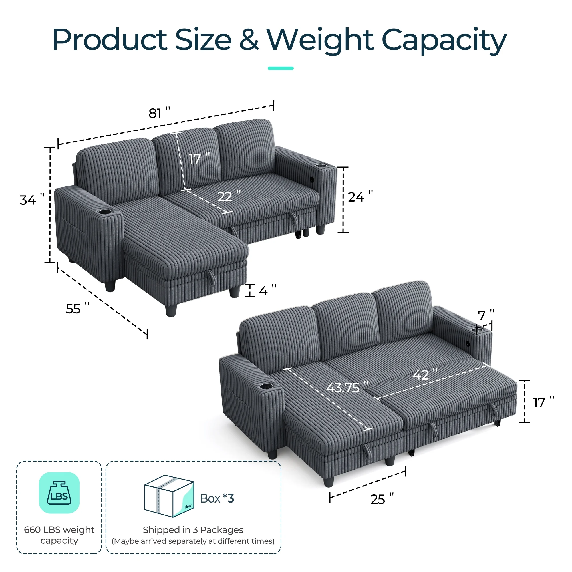 Linsy Home Plush Corduroy Sleeper Sofa Bed with Reversible Storage Chaise, Pull Out Couch Bed with USB, Cup Holder, Side Pocket, L Shaped Sectional Couches for Living Room, Apartment, Dark Grey