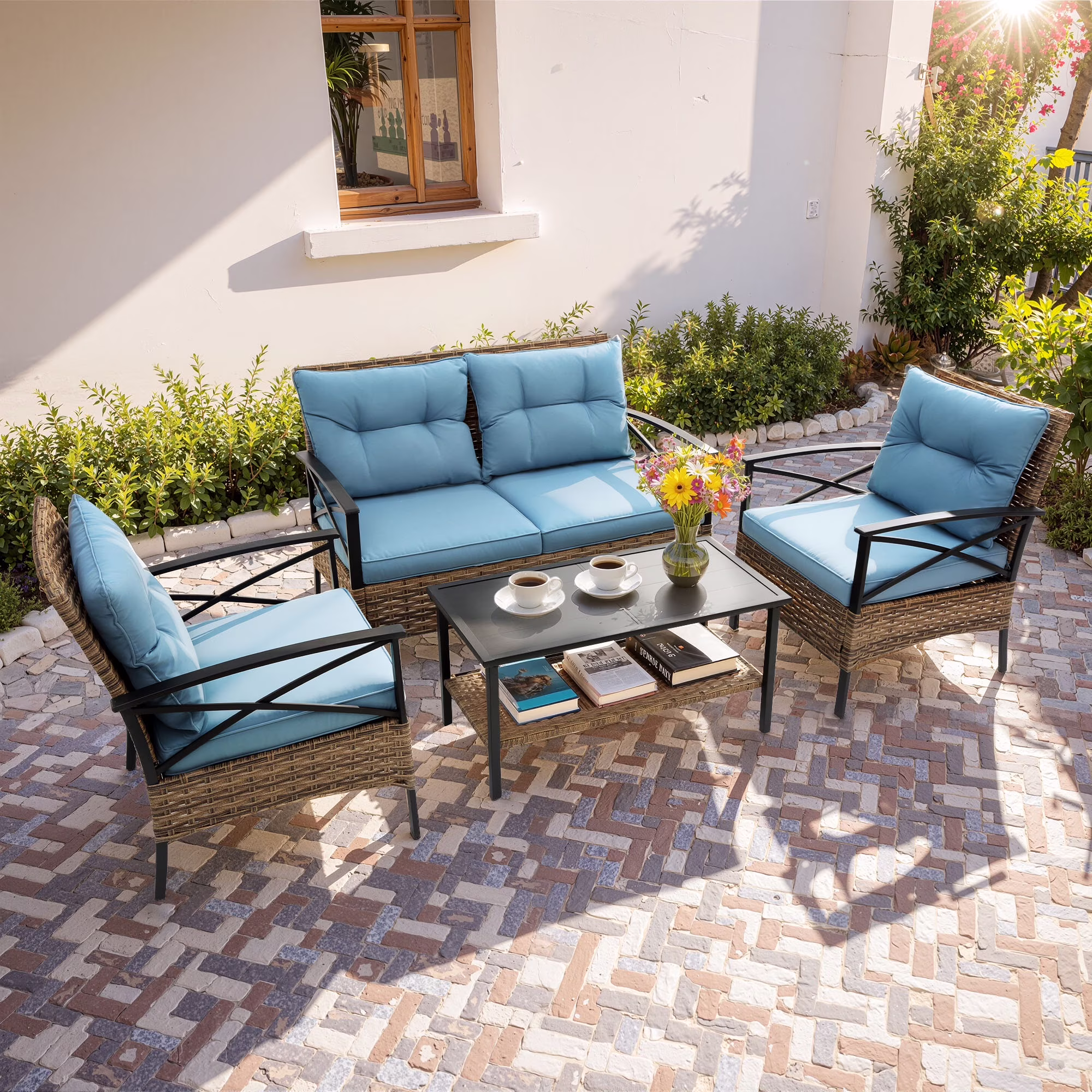 Patio Sofa Set, 4 Pieces Outdoor Sectional Furniture, All-Weather PE Rattan Wicker Patio Conversation Set, Cushioned Sofa Set with Coffee Table for Patio Garden Poolside Deck - Image 9