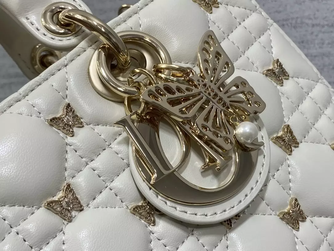 Medium Lady D-Joy Bag White Cannage Lambskin with Gold-Finish Butterfly Studs1:1High-quality replica