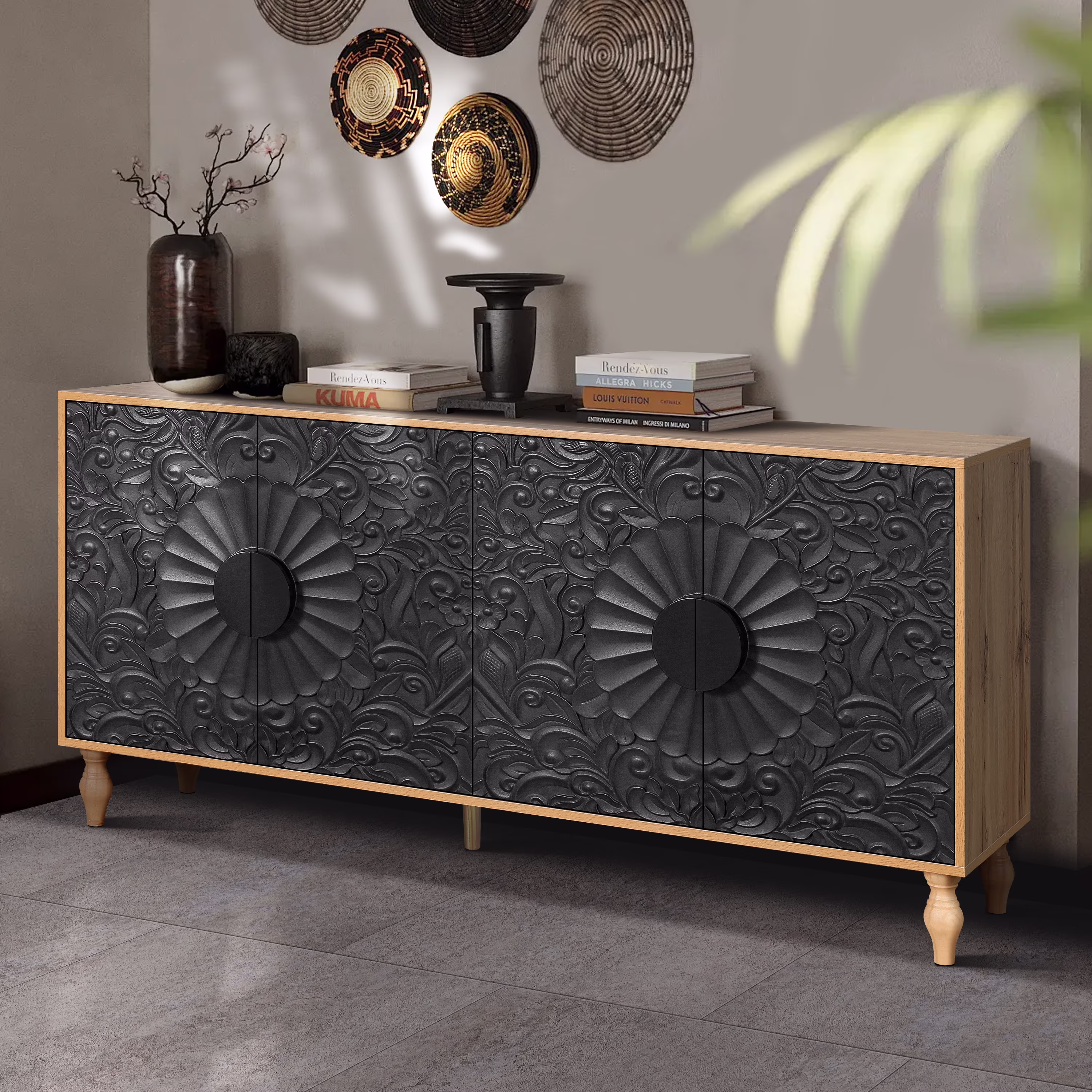 Aukfa 63" Large Accent Storage Cabinet TV Stand with Carved Door for Living Room,Entryway,Natural - Image 5