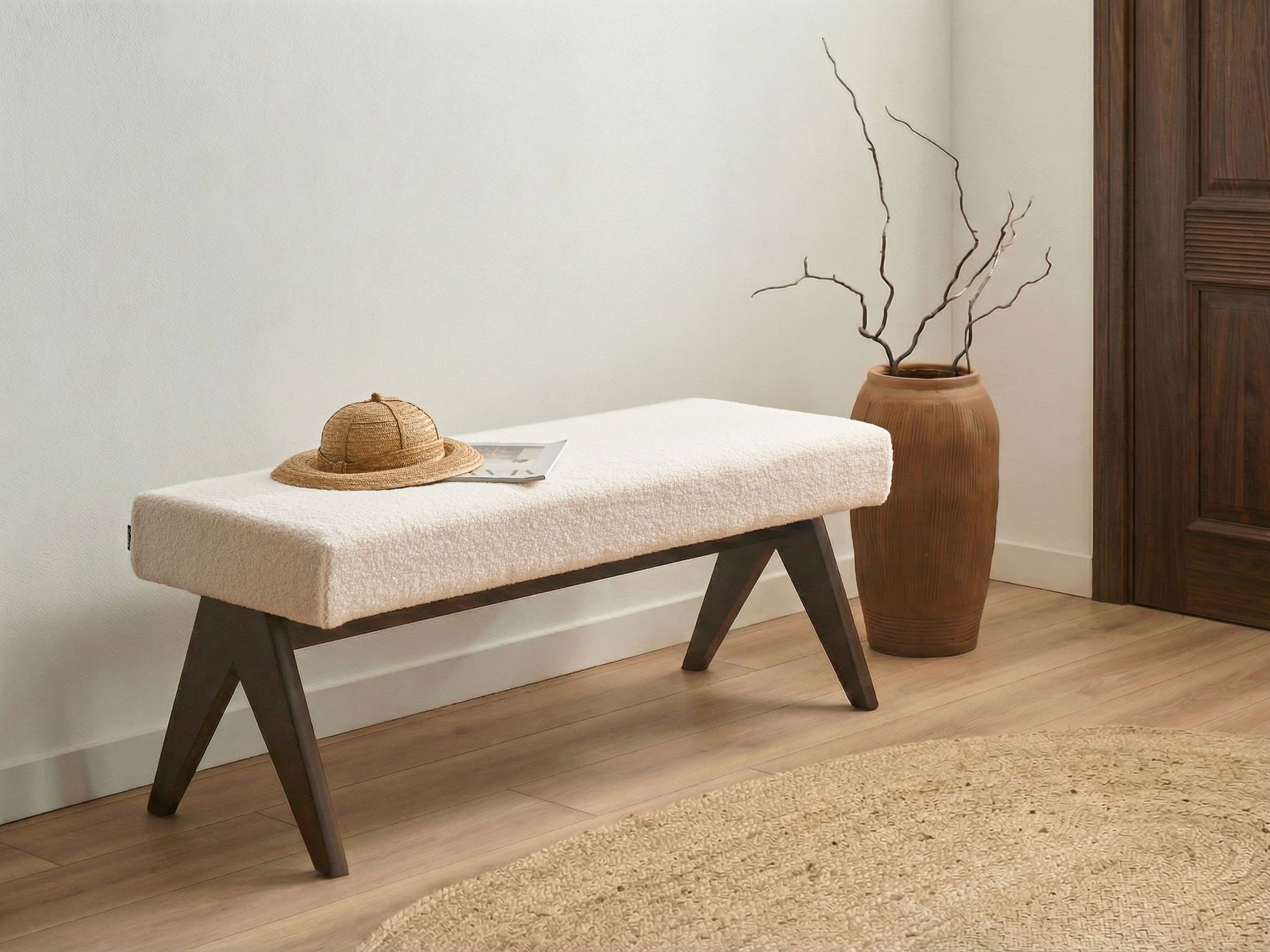 Upholstered Bench TAMRE Boucle Off-White/ Dark Brown