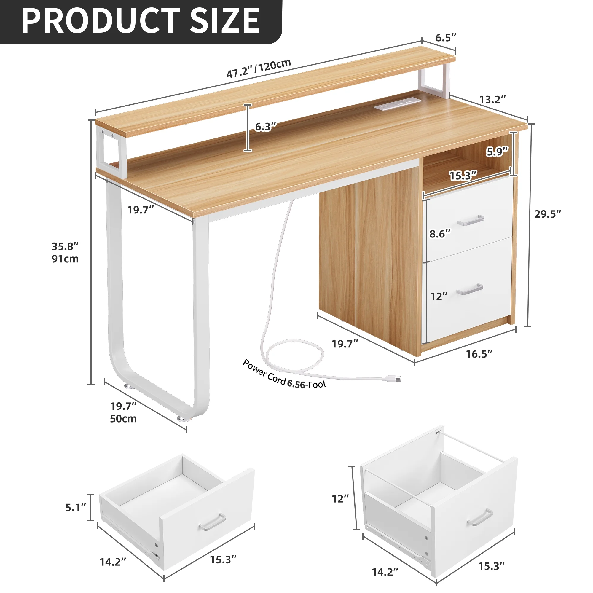 Dextrus 47 inch Computer Desk with Storage Drawers & LED Light, Office Desk with Monitor Stand & Power Outlets, Work Study PC Desk for Small Spaces, Home Office, Oak - Image 11