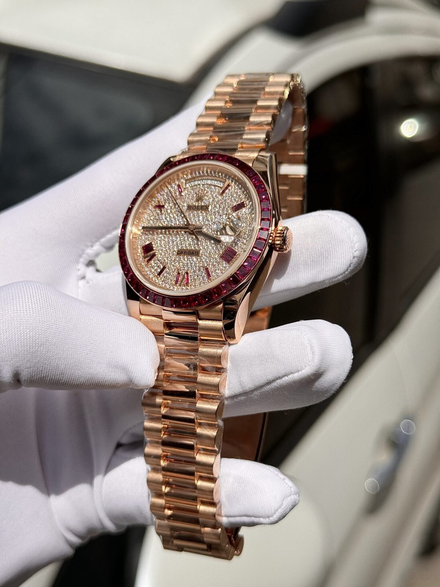 Rolex Best Replica Watch Day-Date Custom Ruby Red   Baguette Moissanite Diamonds GM Factory 40mm - Elite Watch Atelier