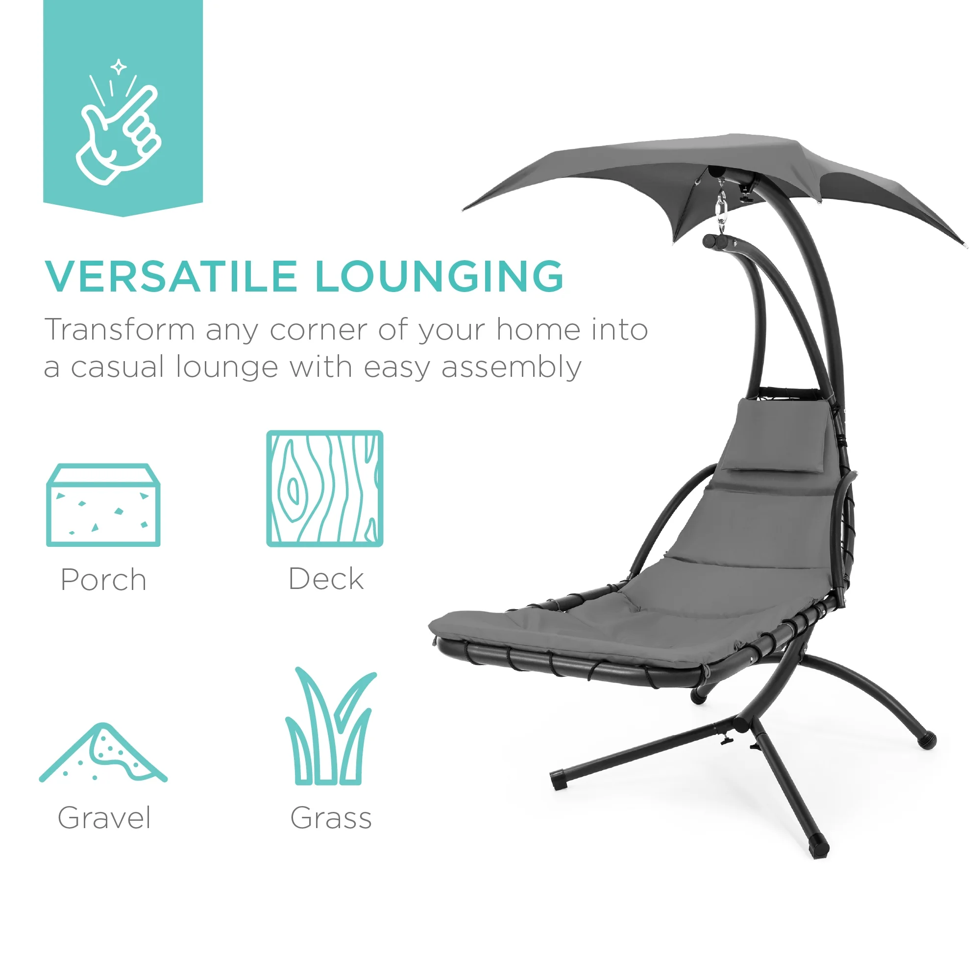 Best Choice Products Hanging Curved Chaise Lounge Chair Swing for Backyard, Patio w/ Pillow, Shade, Stand - Teal - Image 52