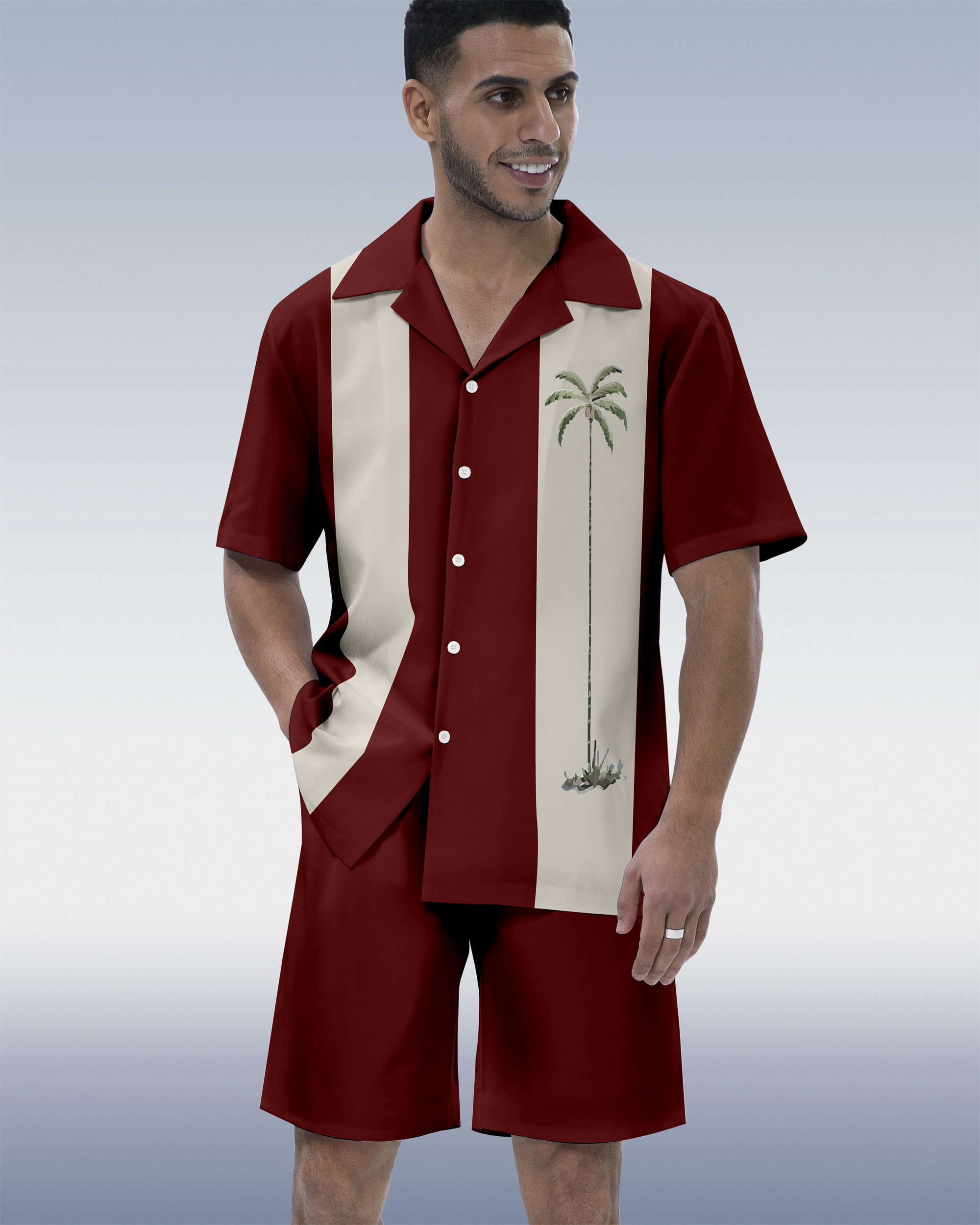 Men's Hawaiian Tiki Party Print Cuban Collar Short Sleeve Shirt Set