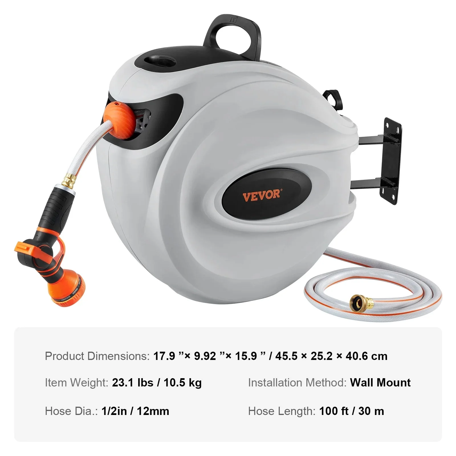 VEVOR Retractable Garden Hose Reel, 100 ft x 1/2 inch, Wall-Mounted With 9-Pattern Nozzle - Image 7 VEVOR Retractable Garden Hose Reel, 100 ft x 1/2 inch, Wall-Mounted With 9-Pattern Nozzle - Image 7