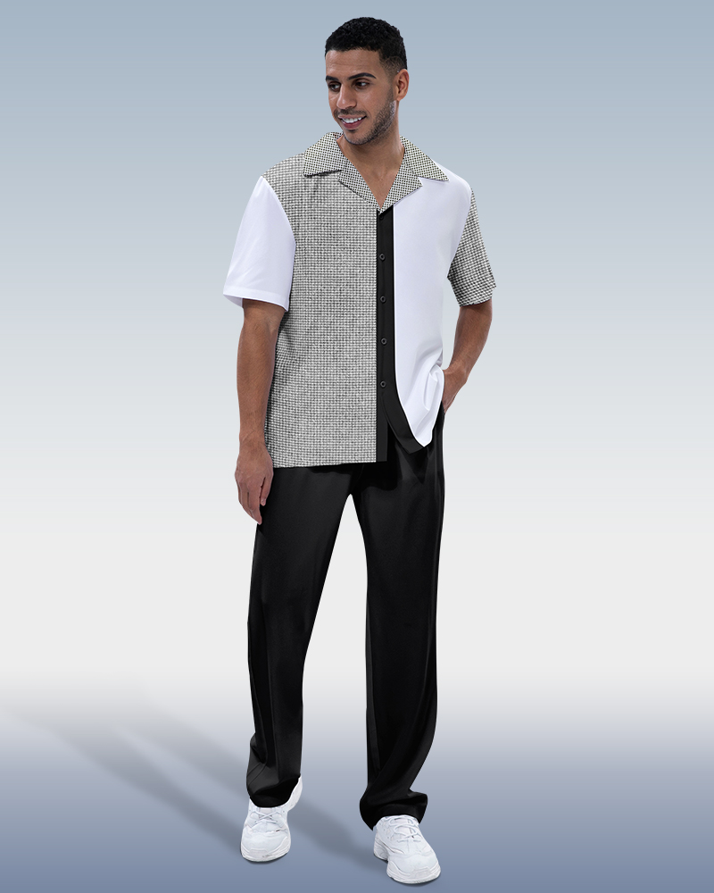 Suitmens Men's Black Vertical Colorblock Short Sleeve Walking Suit