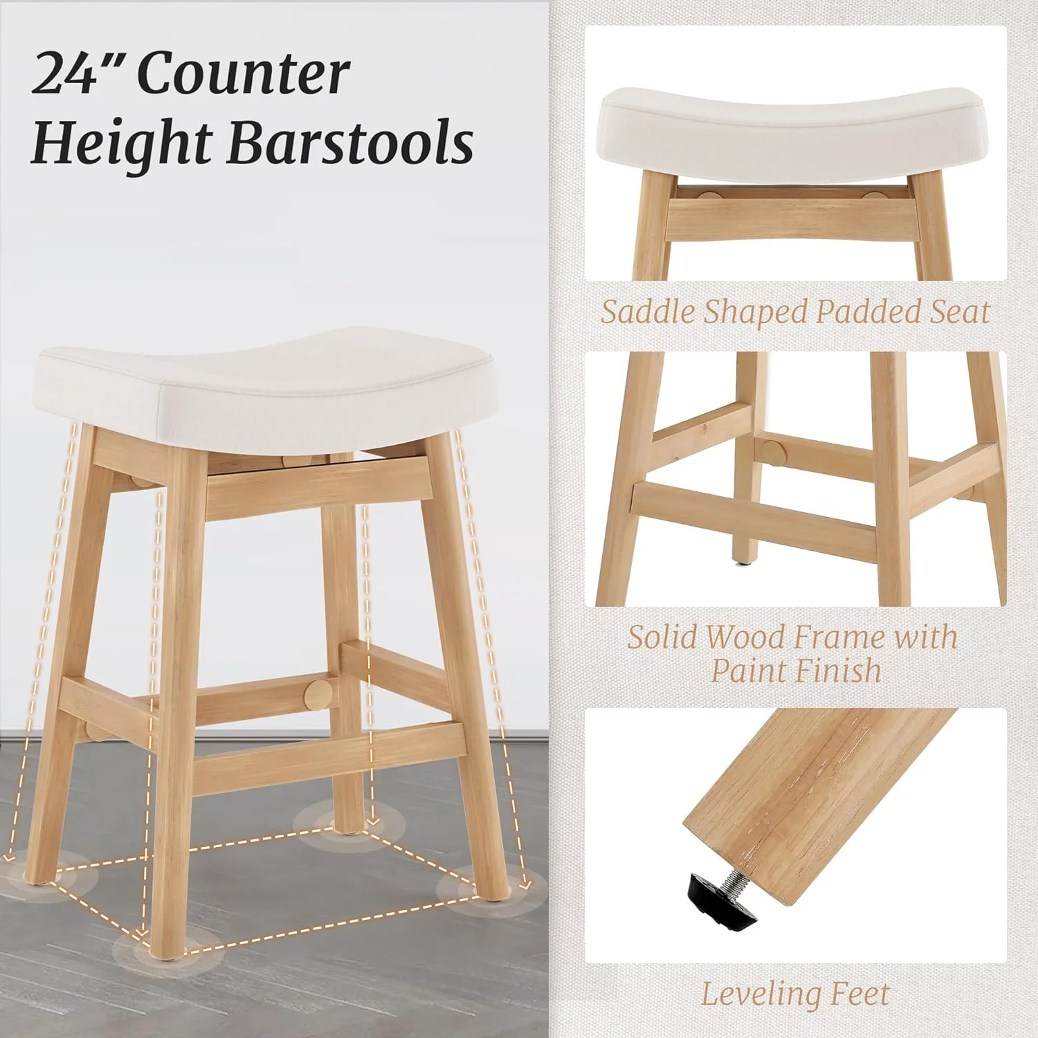 Dycanpo Saddle Seat Counter Height Bar Stools Set of 3 for Kitchen, Dining, 24in, Beige-Fabric - Image 2