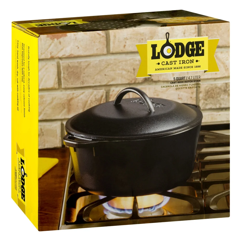 Lodge Pre-Seasoned 5 Quart Cast Iron Dutch Oven with Loop Handles and Cast Iron Cover