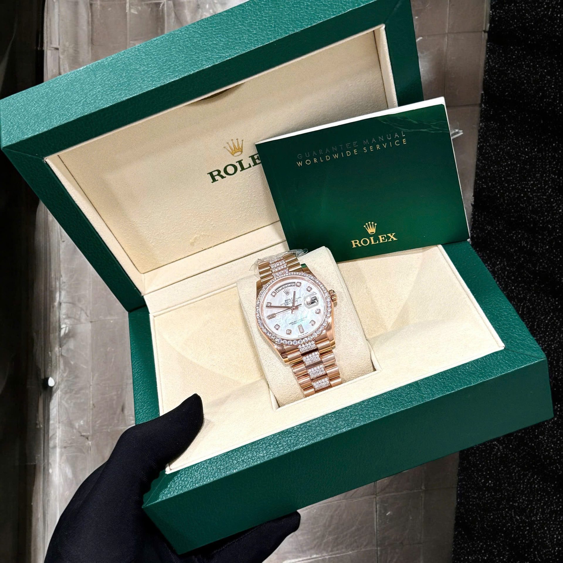 Rolex Day-Date Replica Watch Gold Wrapped Moissanite Diamonds Hong Kong 36mm - Elite Watch Atelier