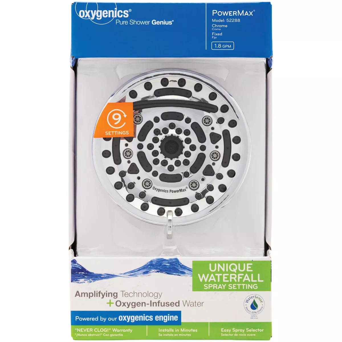 Oxygenics PowerMax 9-Spray 1.8 GPM Fixed Shower Head, Chrome