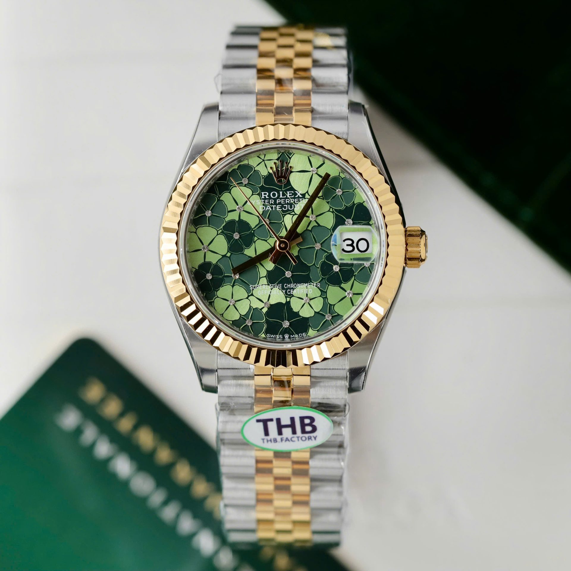 Rolex DateJust Replica Watch Women Green Flower Dial THB Factory 31mm - Elite Watch Atelier