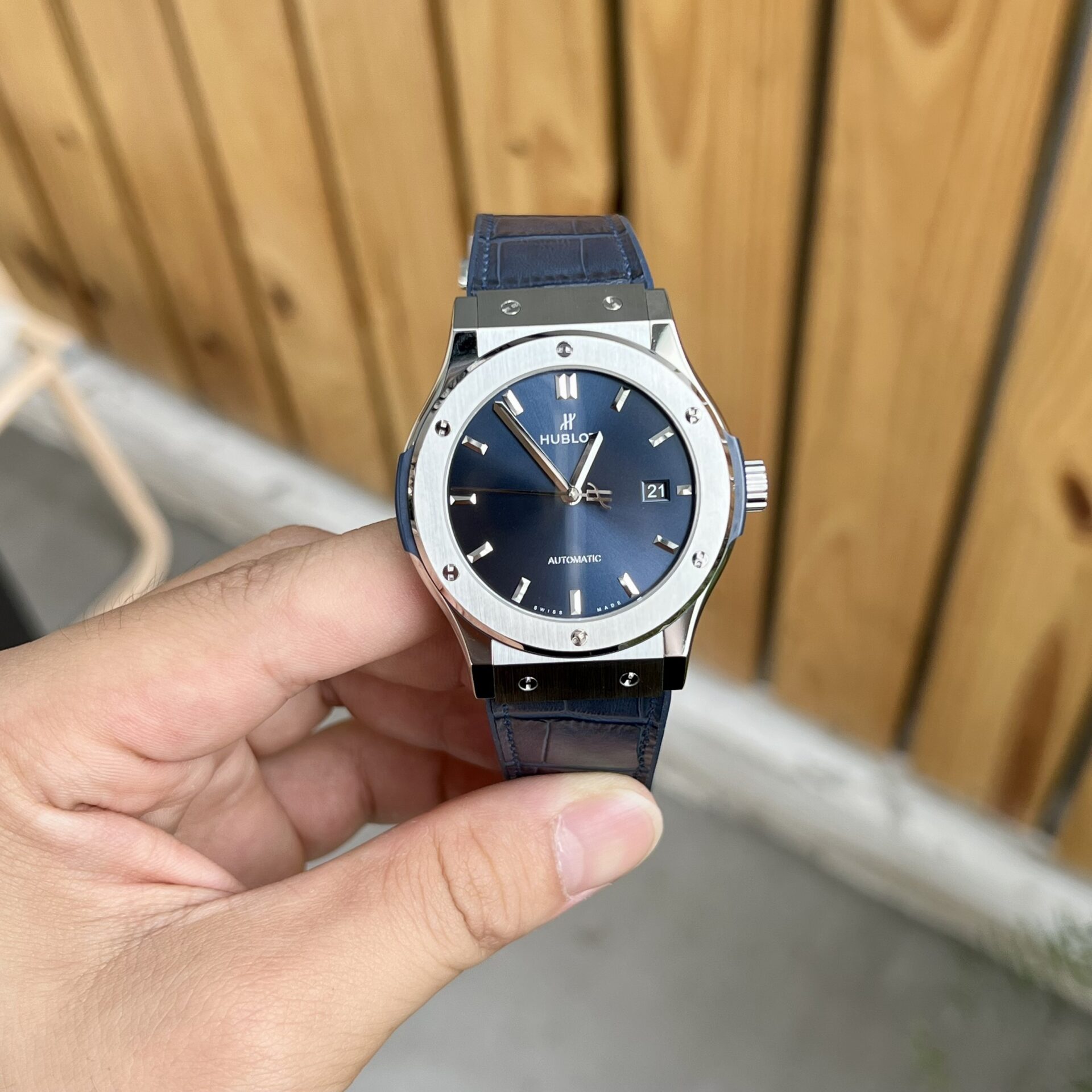 Hublot Replica 1:1 Watch Classic Fusion Titanium Blue Leather Strap JJF 42mm - Elite Watch Atelier