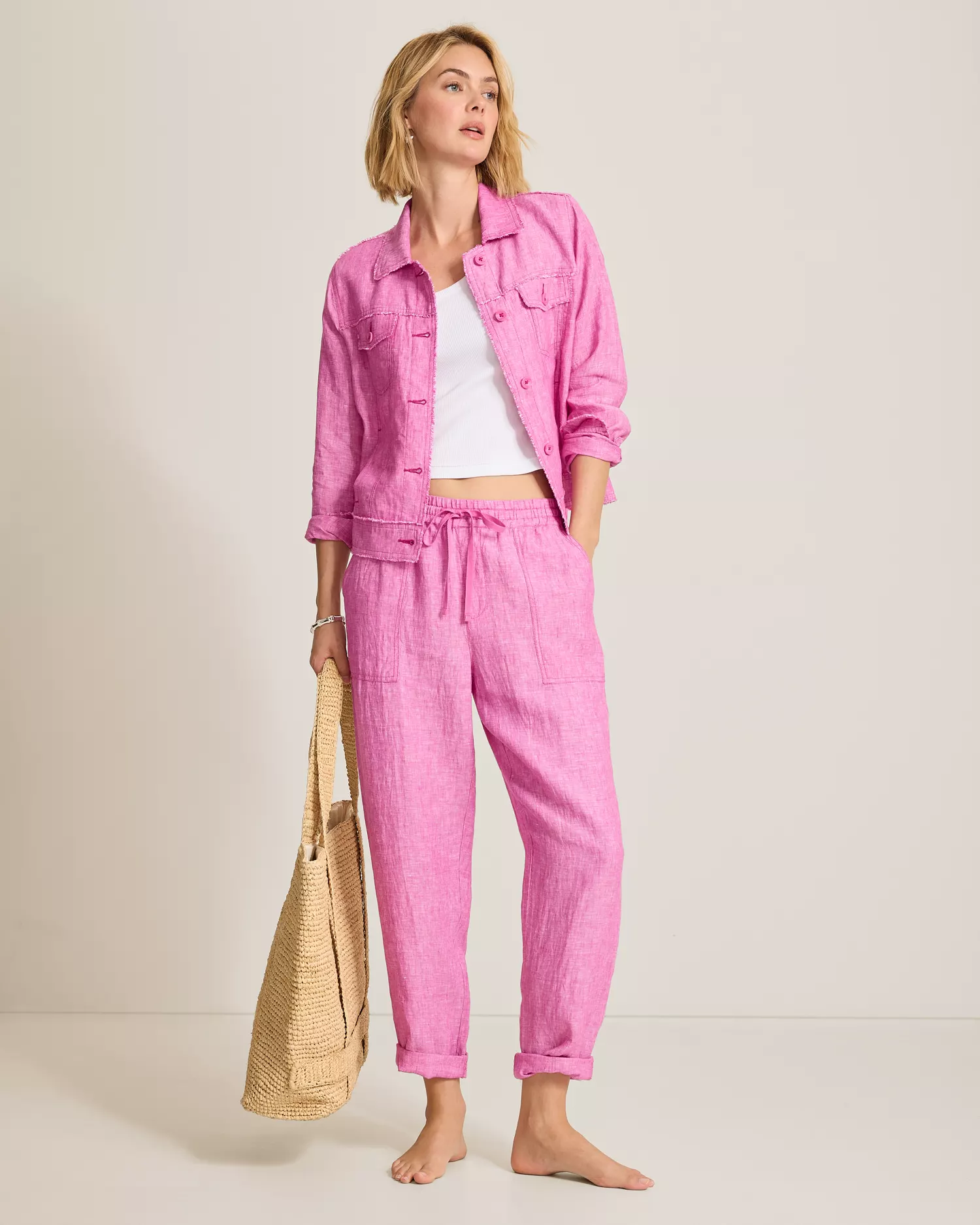 Two Palms Linen Raw-Edge Jacket - Very Berry