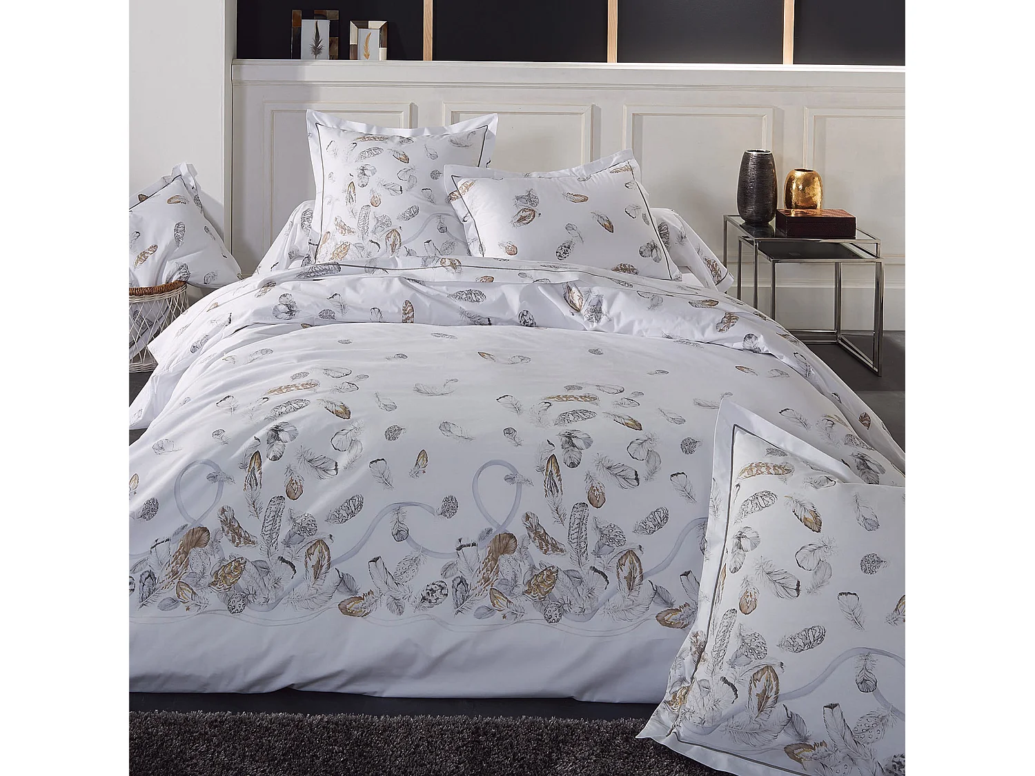 Parure de lit 3 pièces 240x220 cm taies 65x65 cm Percale pur coton PLUMES