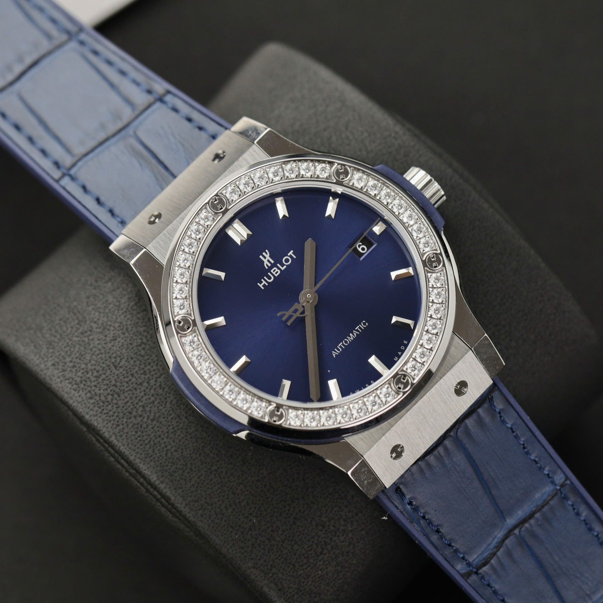 Hublot Classic Fusion Titanium Replica Watches Blue Dial Custom Moissanite Diamonds 42mm - Top club