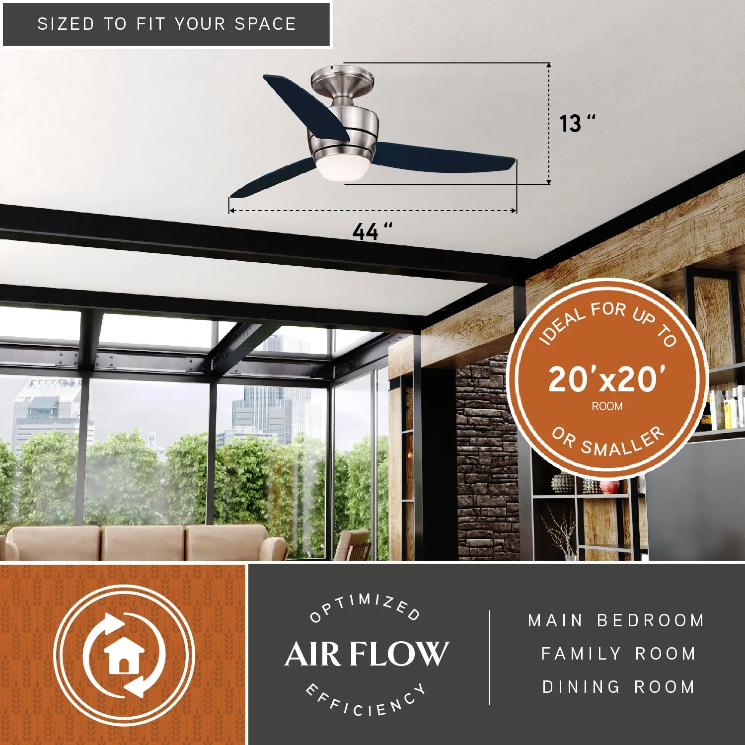 Vaxcel Adrian 44 In. Quiet Satin Nickel Flush Ceiling Fan with LED Light Kit and Remote