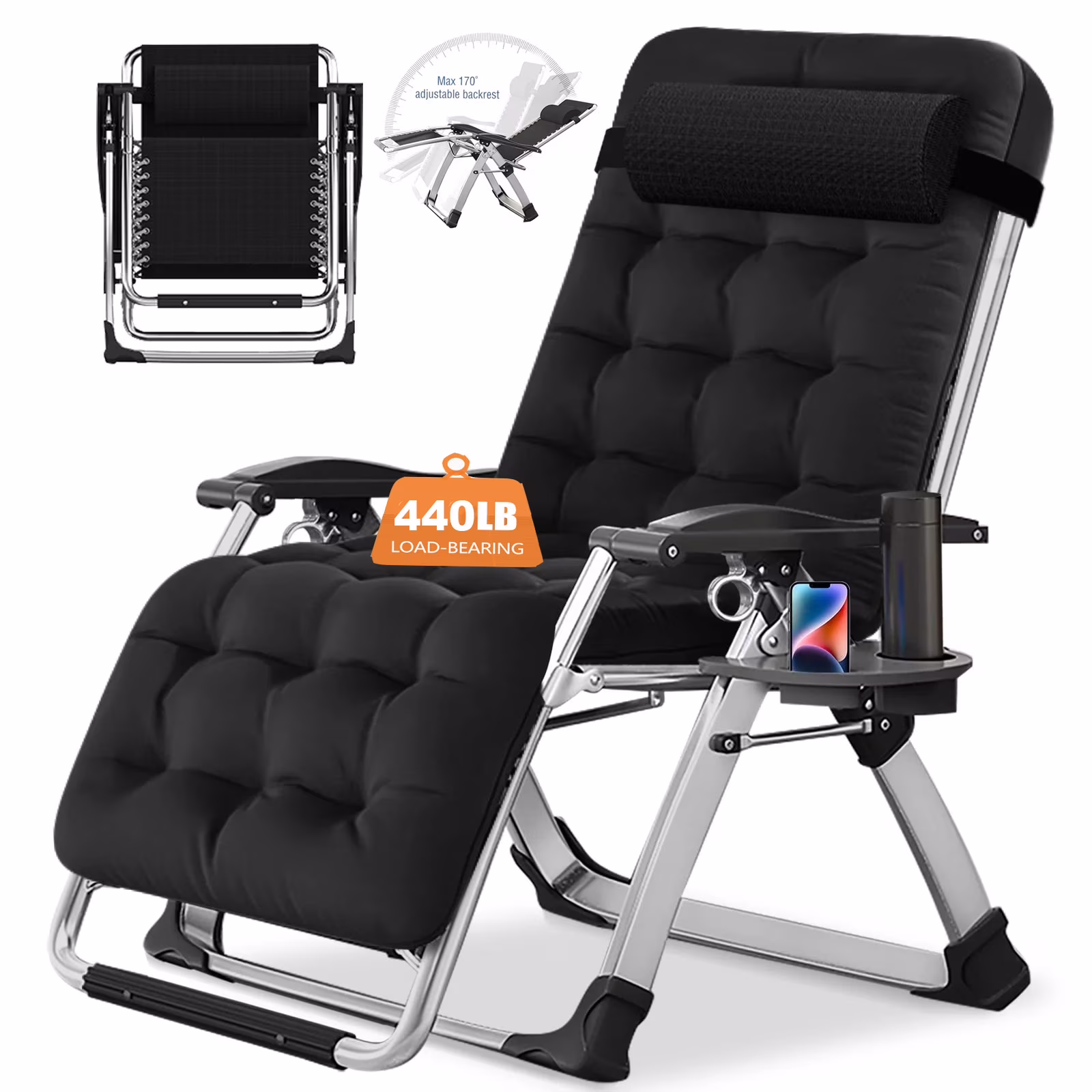 NAIZEA 2 Pack Zero Gravity Chair, Foldable Portable Lawn Recliner with Cushion, Headrest, Cup Holder, Black - Image 6