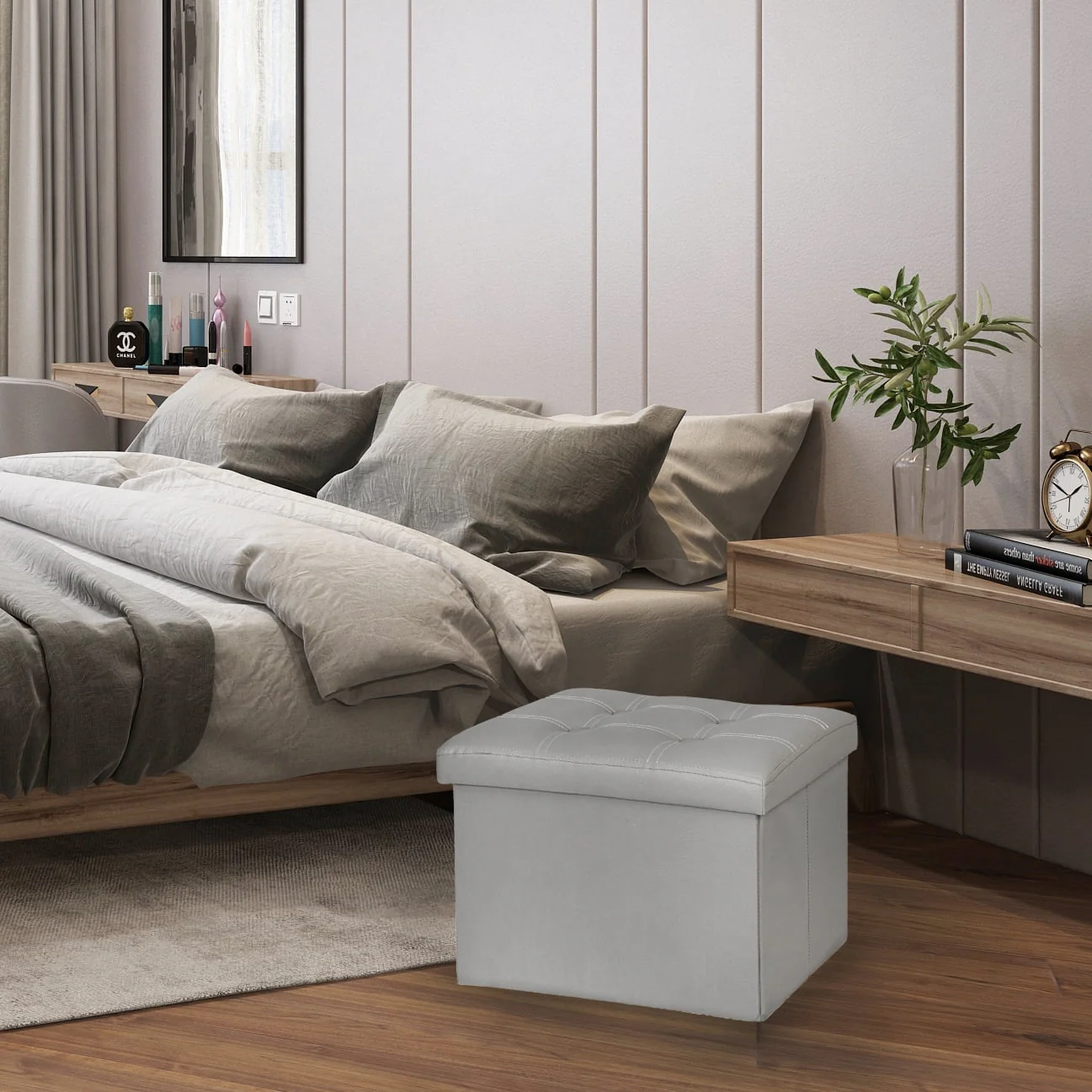 Storage Ottoman Cube - Ottoman as Stool, Foot Rest & Stepping Stool - Folding with Padded Seat Gray