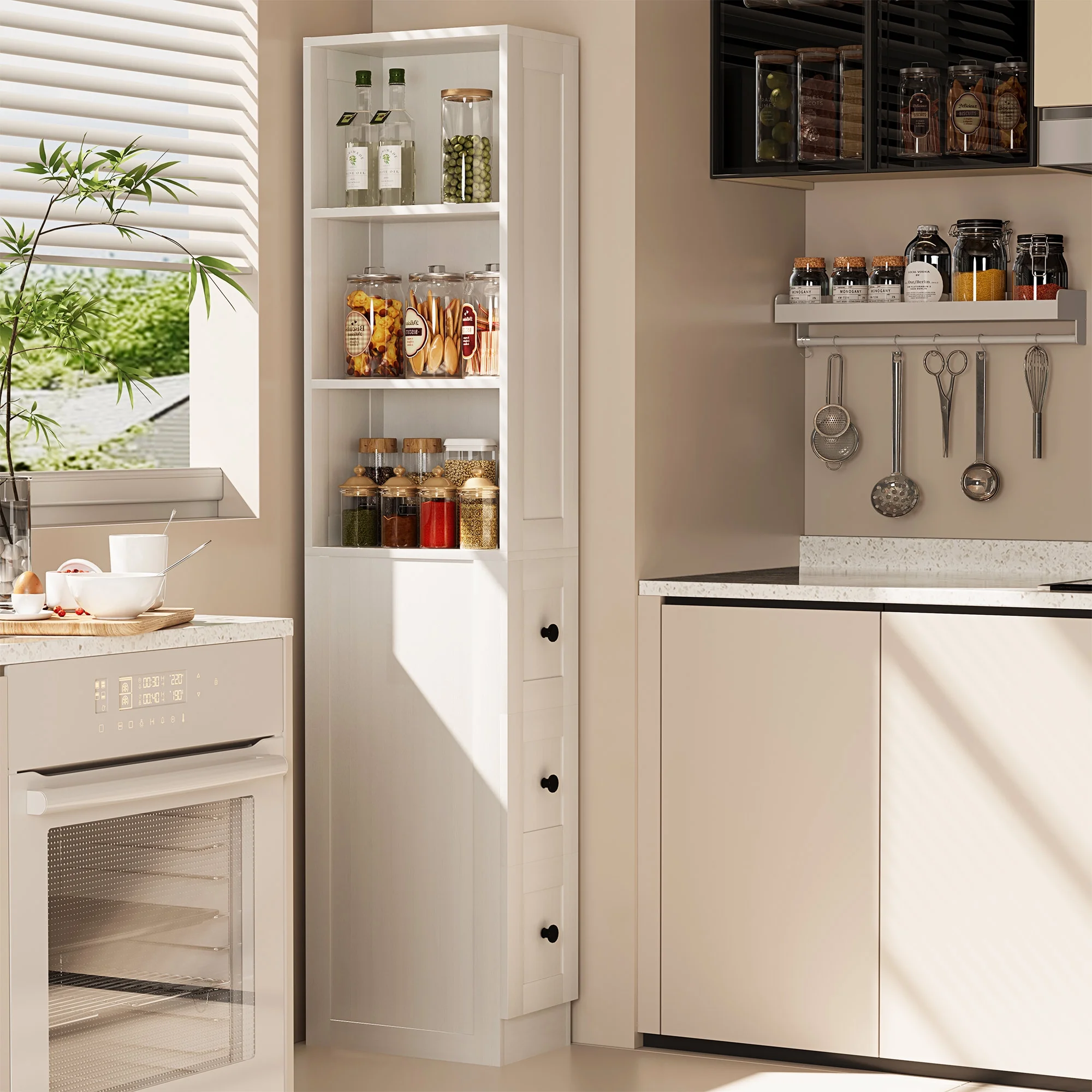 LAUSAINT HOME Bathroom Storage Cabinet, Tall Thin White Storage with 2 Adjustable Shelves & 3-level Drawers for Home, Kitchen