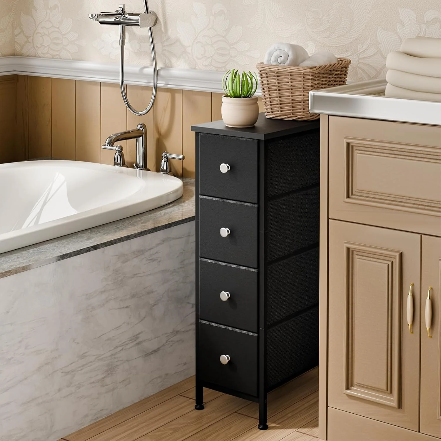 Black Narrow Storage Cabinet with 4 Fabric Drawers, Slim Storage Dresser - Image 2 Black Narrow Storage Cabinet with 4 Fabric Drawers, Slim Storage Dresser - Image 2