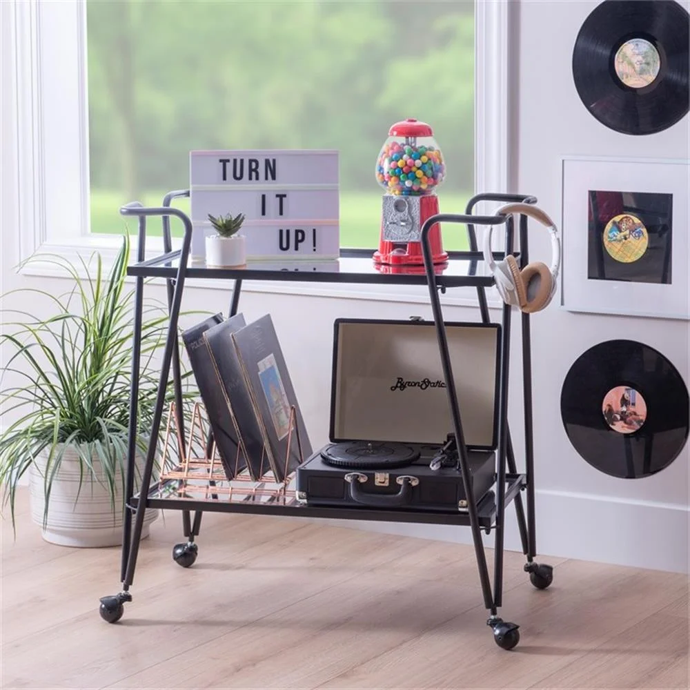 Bowery Hill Metal and Mirorred Mid Century Bar Cart in Black