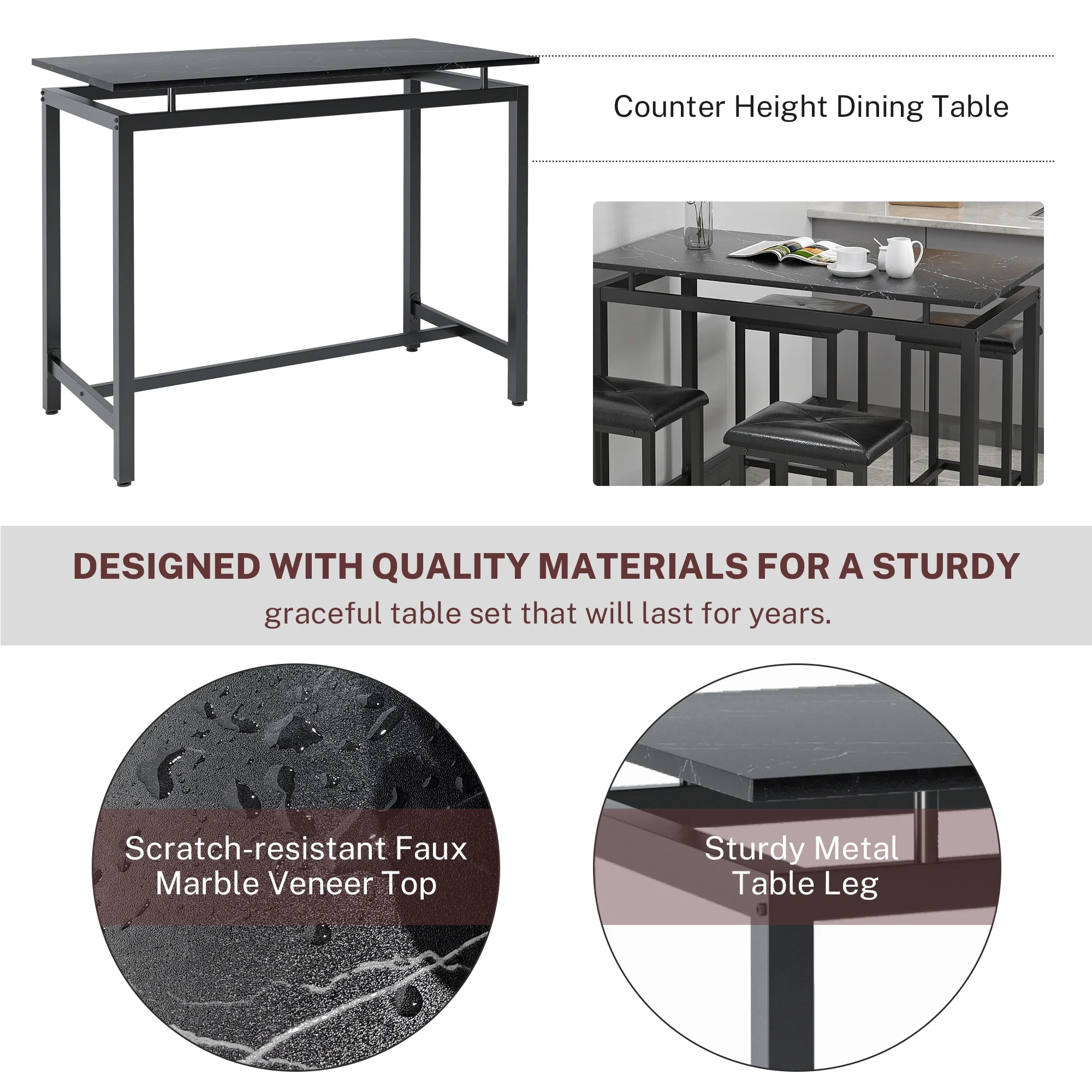 5 Piece Dining Set, Modern Dining Table and Chairs Set for 4, Counter Height Bar Table Set, Modern Pub Table with 4 Velvet Fabric Cushioned Stools, Faux Marble Dining Table & Stools Set, D9297 - Image 33