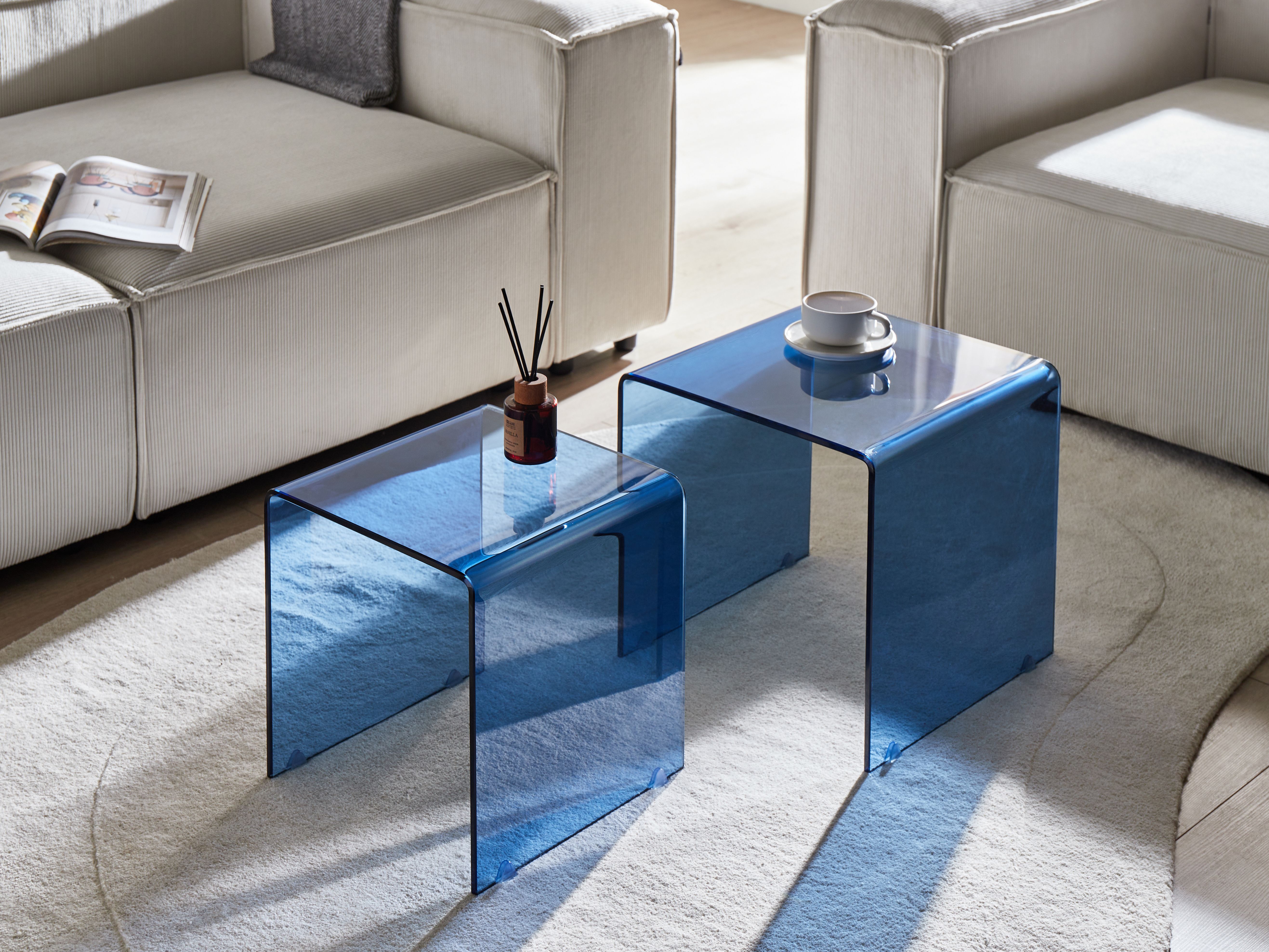 Set of 2 Side Tables KENDALL Tempered Glass Blue
