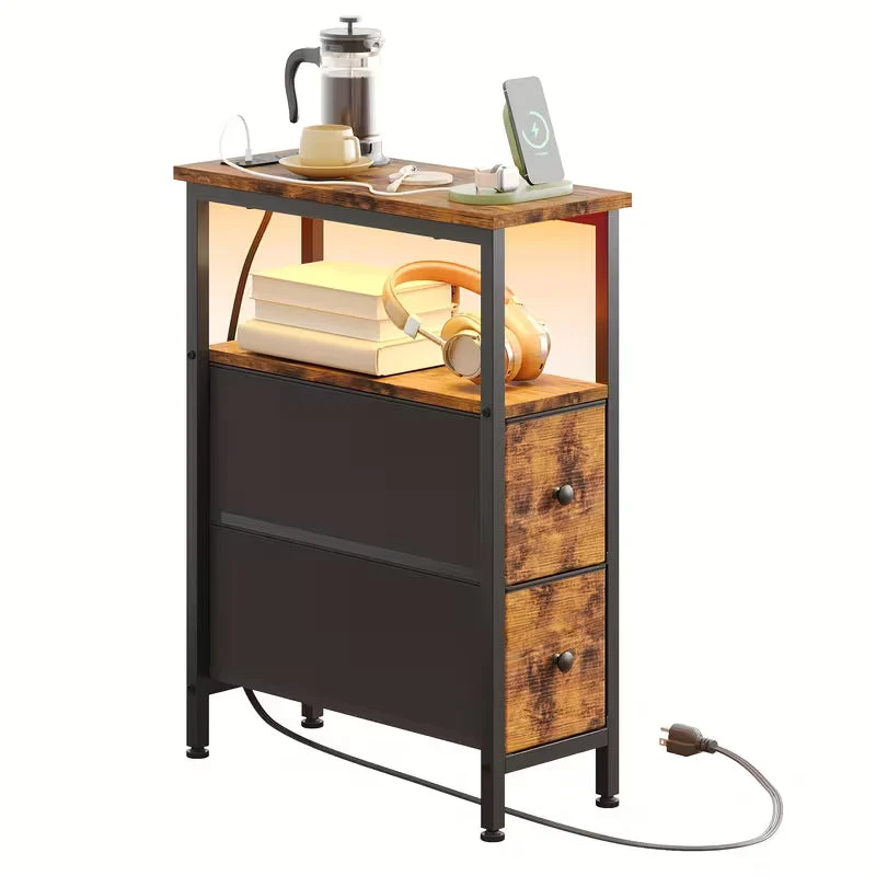 Fixwal Narrow Side Table with Charging Station and LED Light, Skinny Nightstand with 2 Fabric Drawers, Slim End Table for Bedroom, Dorm, Small Space, White - Image 4 Fixwal Narrow Side Table with Charging Station and LED Light, Skinny Nightstand with 2 Fabric Drawers, Slim End Table for Bedroom, Dorm, Small Space, White - Image 4