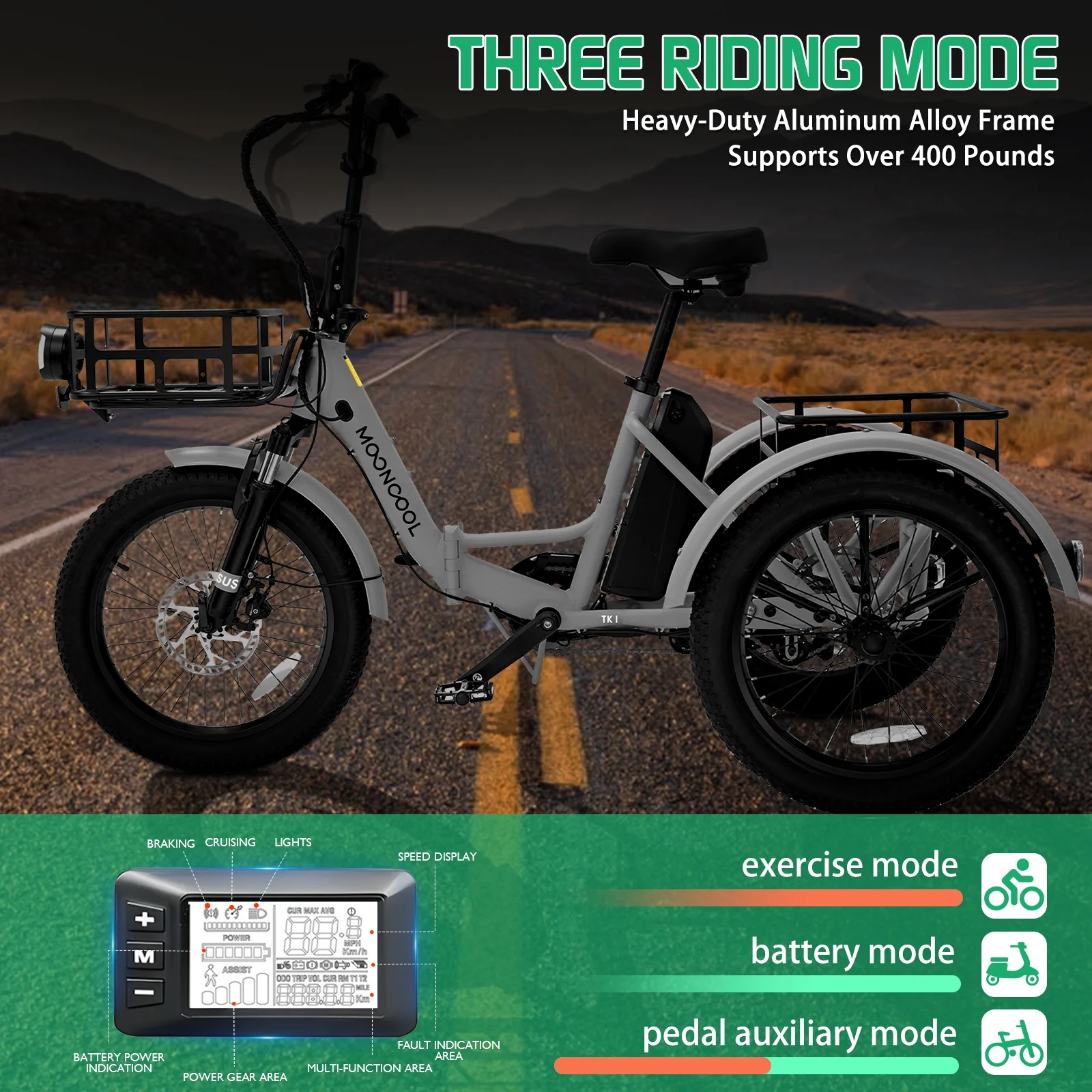 MOONCOOL TK1 Folding Electric Tricycle for Adults,48V 14.5Ah Removable battery, 500W(Peak 1000w)Motor, 20" Fat Tire Step-Thru 3Wheel Electric Bicycle w/Front&Rear Baskets, Certified to UL 2849 by SGS - Image 54