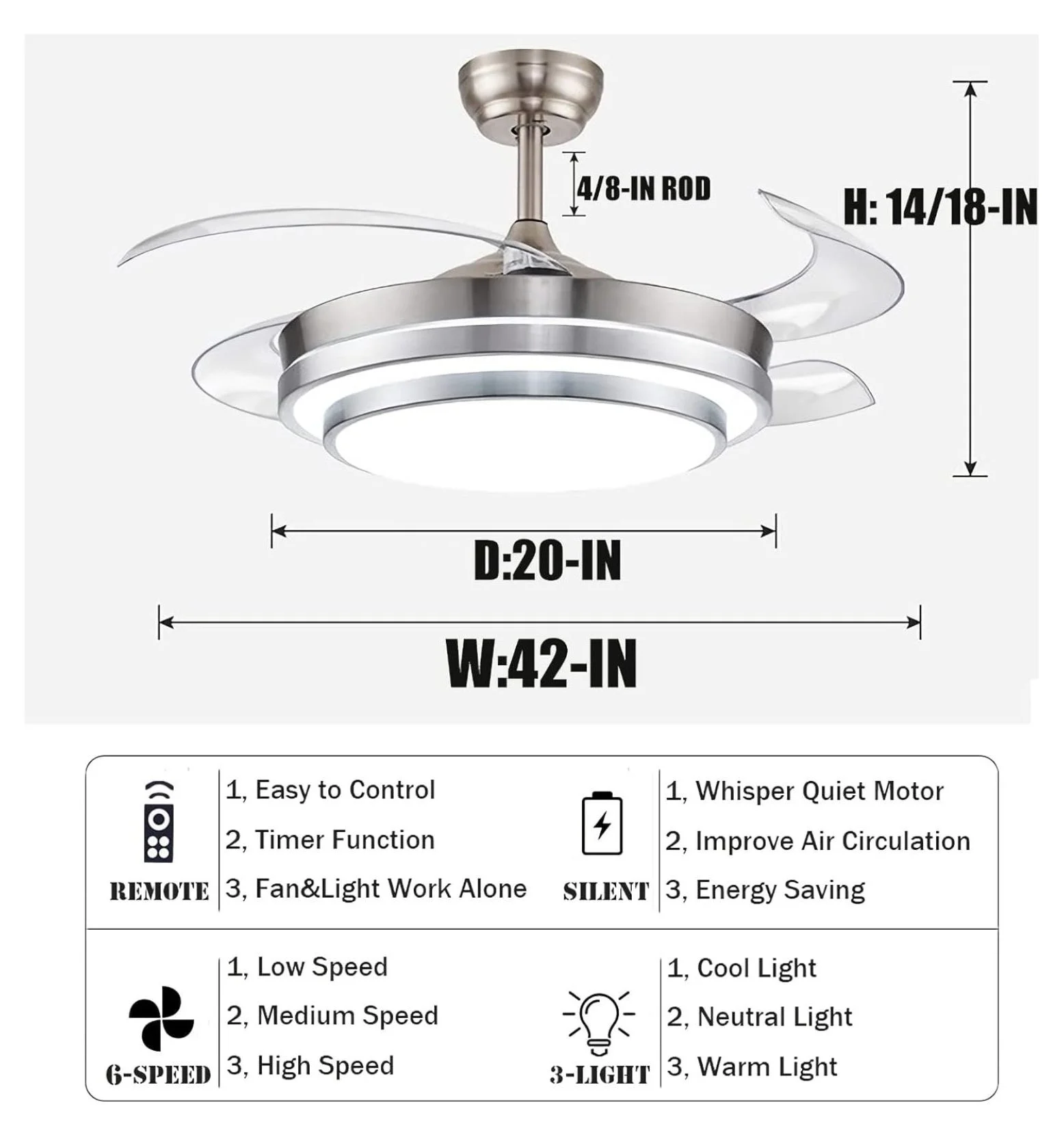 XylehR 42" Modern Ceiling Light with Fans Control, 4 Retractable Blades with 3 Light Color Change Ceiling Fan for Living Bedroom Restaurant, Silver Color with Silent Motor (42In-1 Update) - Image 5