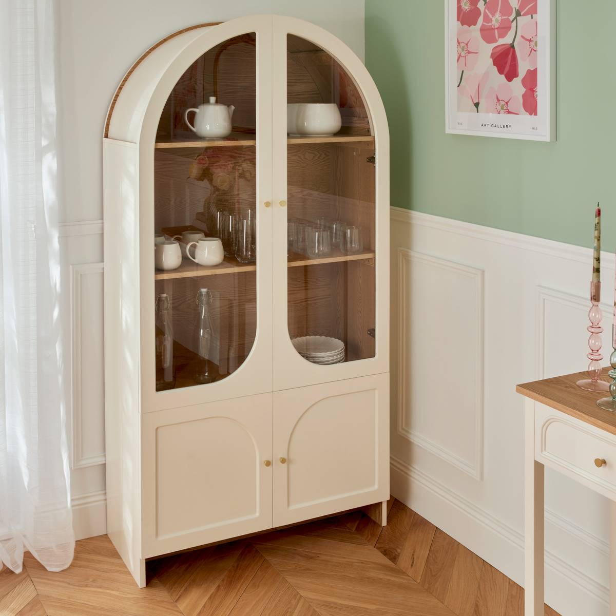 4-door 4-shelf display cabinet "Rose Blossom" Ivory, 180x91 cm