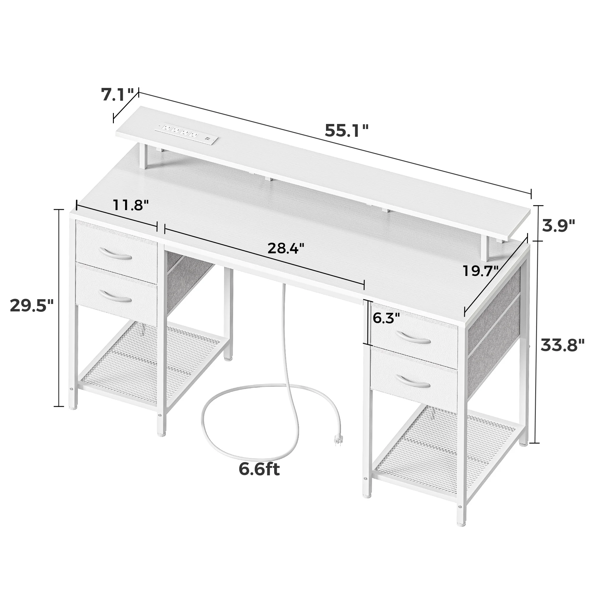 55.1" LED Gaming Desk with Drawers, Computer Desk with Outlets, Office Desk with 4 Drawers, Corner Desk, Writing Desk in White - Image 9