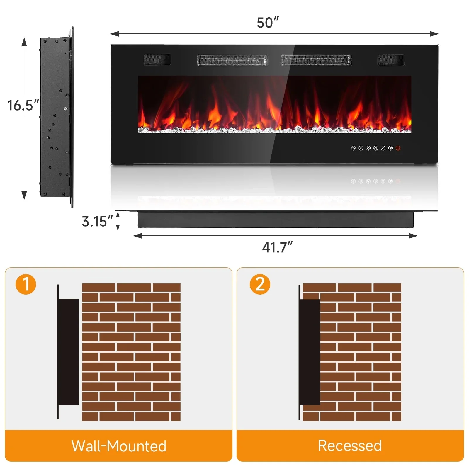 Dovov Wall Mounted Electric Fireplace Heater, 50 inch, Black, 750/1500W
