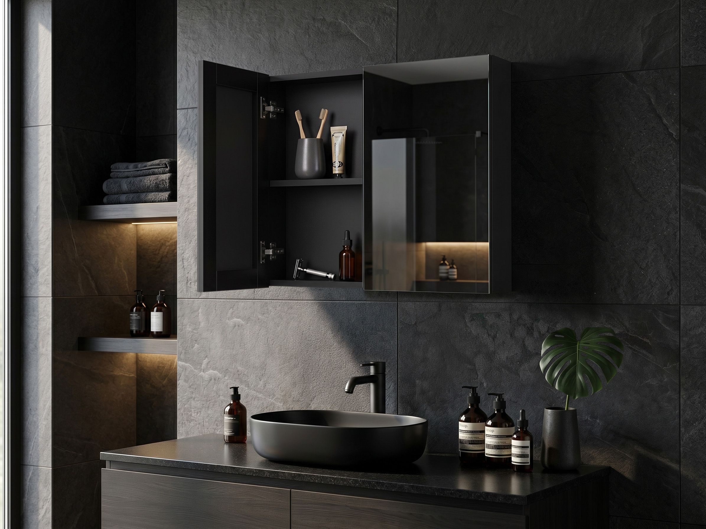 Bathroom Wall Mounted Mirror Cabinet NAVARRA 60 cm 60 cm Black
