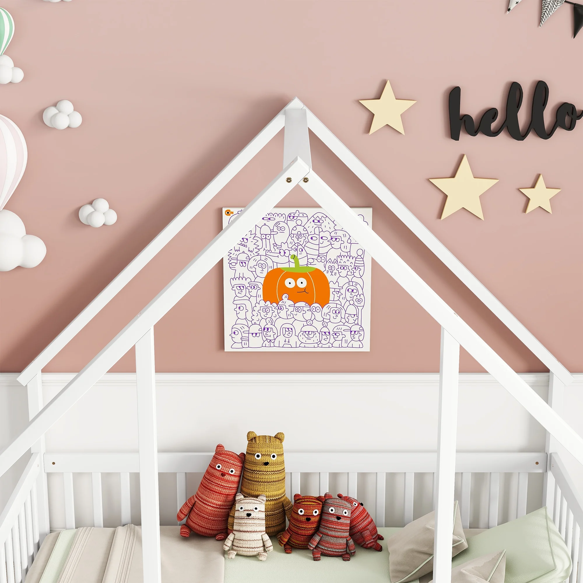 Bellemave Twin Size Floor Bed Frame, Wooden House Bed Twin Size with Fence, Montessori Bed with Guardrails for Bedroom (White) - Image 21