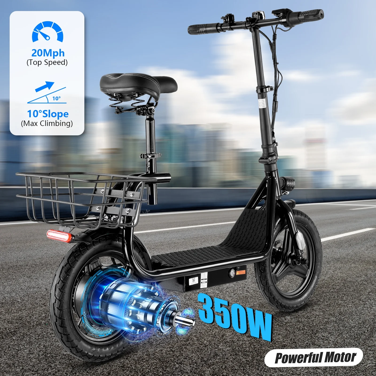 SANOPY 350W Electric Scooter with Seat for Adults, 15 Miles Range 20 Mph, 36V 5.2Ah Battery Moped, 14" Big Tire Commuter Electric Bike with Shock Absorbing, Black - Image 6